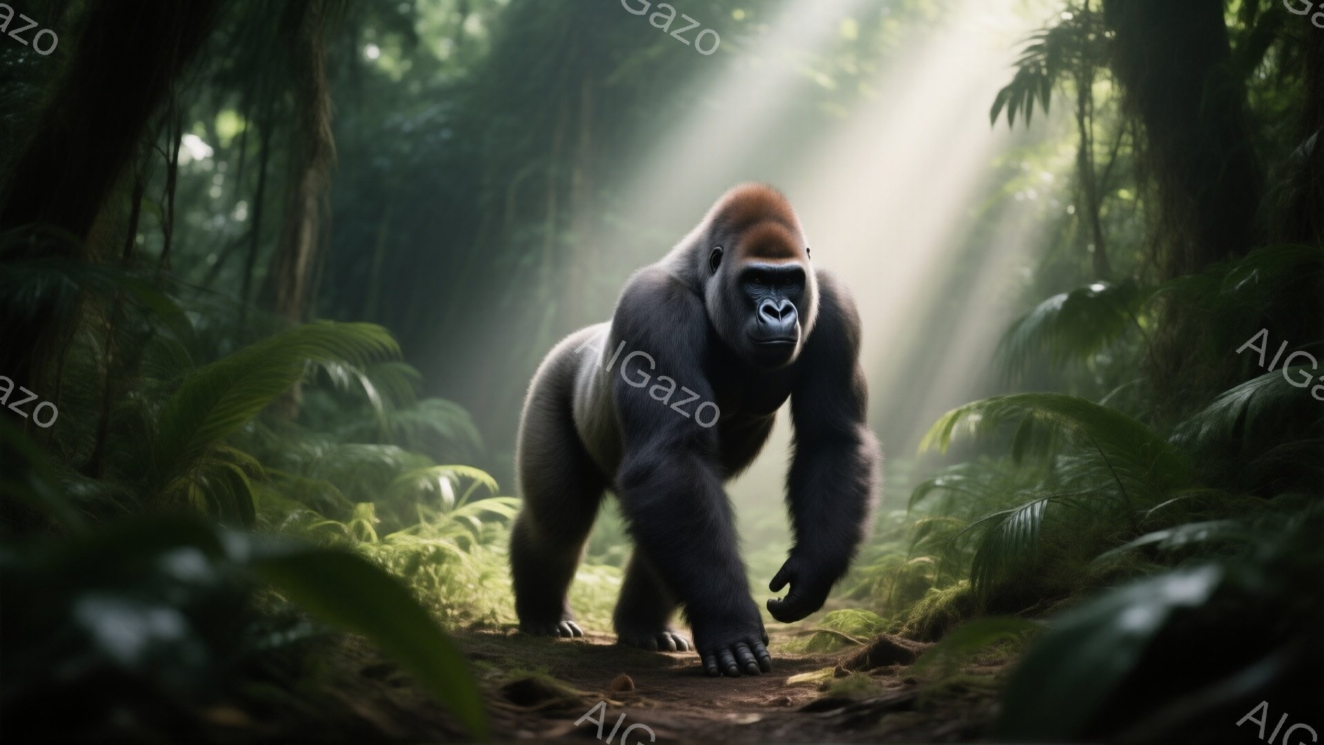鬱蒼とした熱帯雨林の中に、大きく力強いゴリラが歩いている様子が捉えられています。強い光線が葉の間から差し込み、ゴリラのシルエットを照らし出しており、威厳と力強さを強調しています。背景の緑豊かな植物と光のコントラストが、神秘的で自然豊かな雰囲気を醸し出しています。