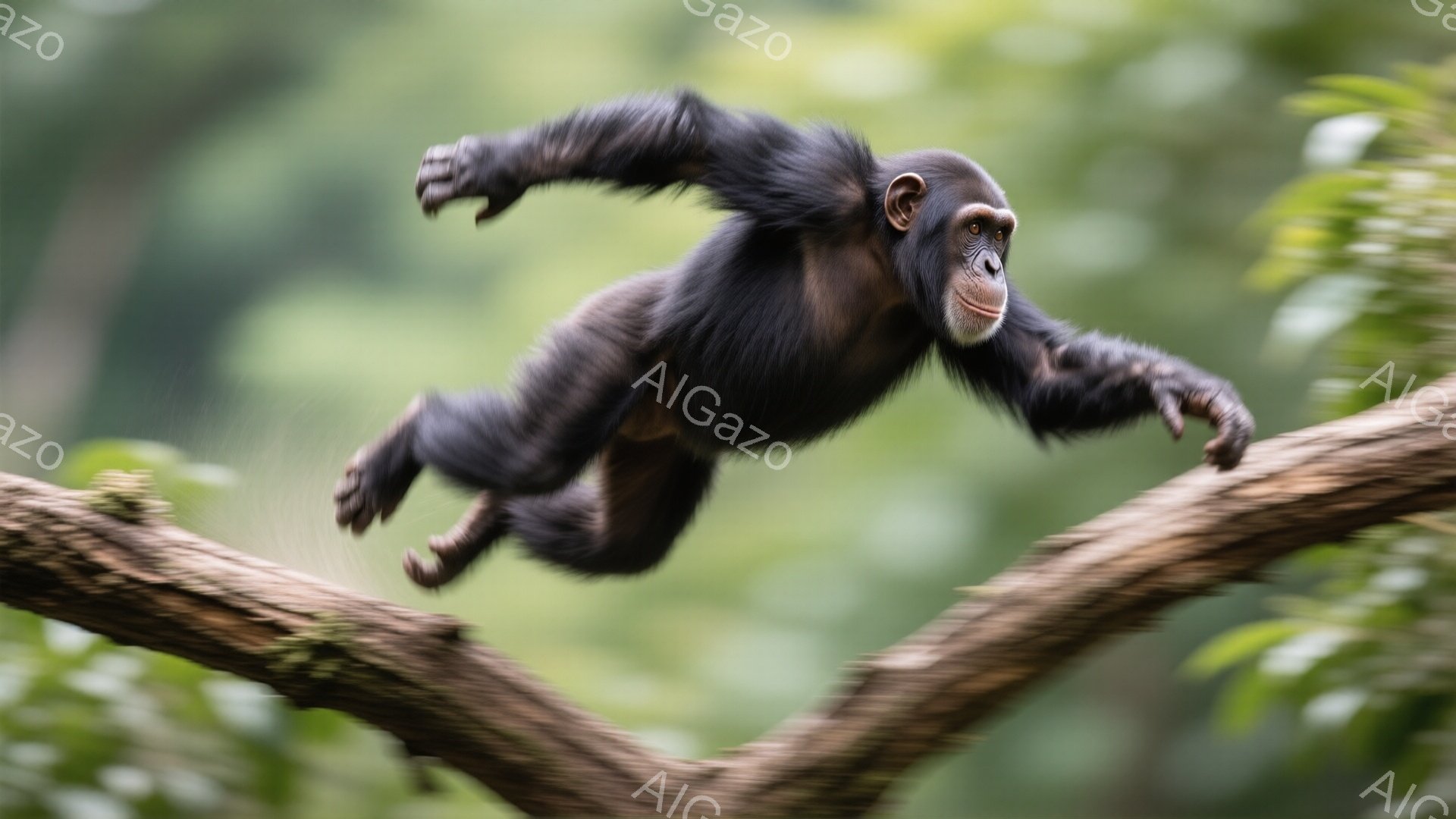 一匹のチンパンジーが木の枝から飛び降りる瞬間を捉えた写真です。鮮やかな緑の背景と、躍動感あふれるチンパンジーの姿勢が印象的です。その表情は真剣で、力強く次の枝へと進もうとしている様子が伝わってきます。