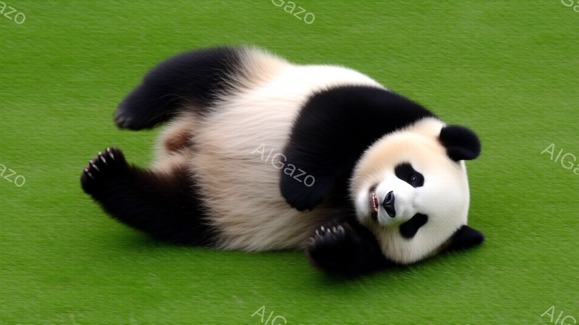 パンダが緑色の芝生の上で仰向けになって寝そべっています。前足で腹を隠すように抱きしめ、リラックスした表情で目を細めています。背景は鮮やかな緑色で、全体的に穏やかで可愛らしい雰囲気を醸し出しています。