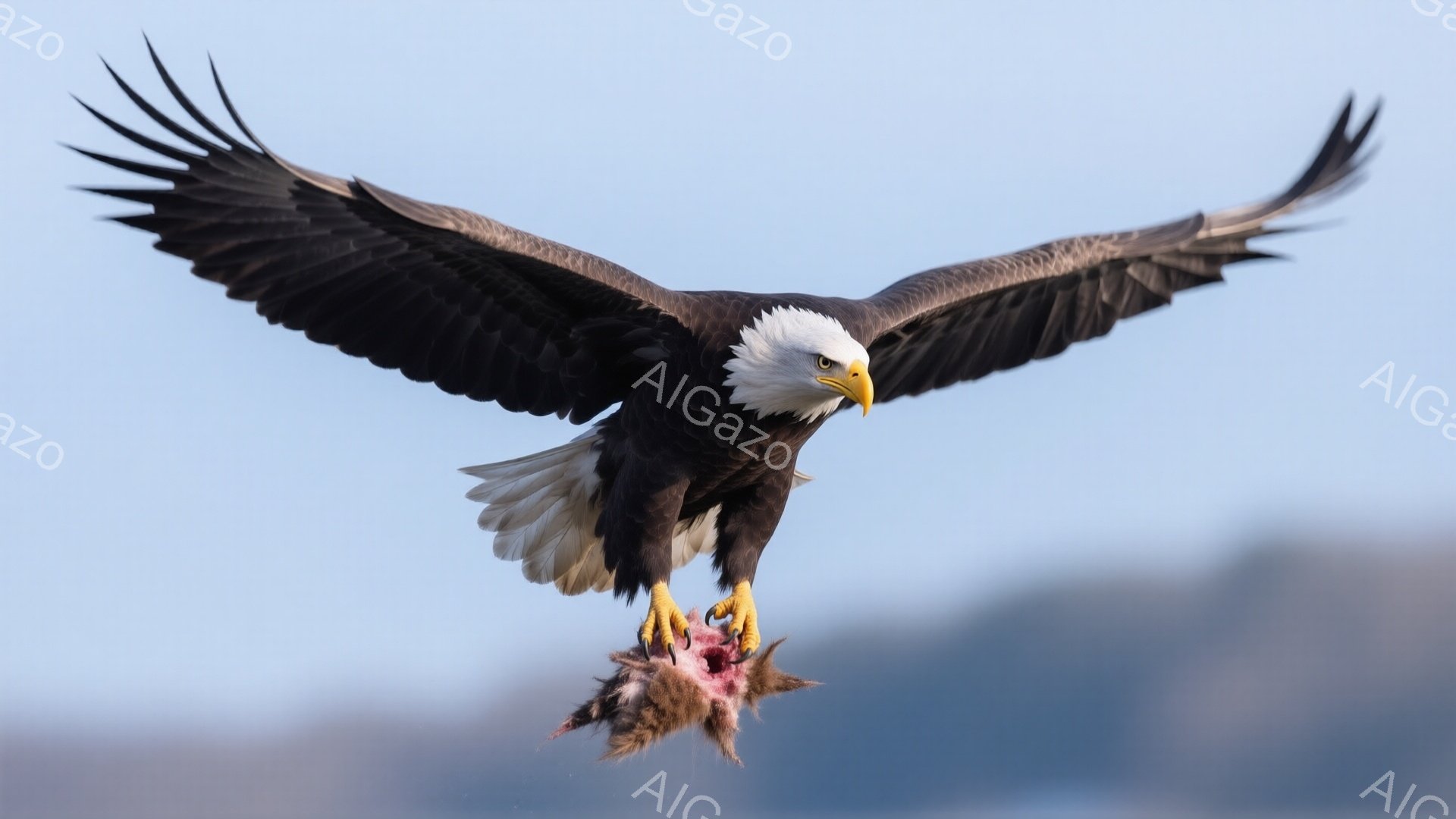 広大な空を背景に、翼を大きく広げたアメリカハゲワシが捉えられています。鋭い眼光で獲物であると思われる動物を鋭い爪でしっかりと掴んでおり、力強い狩りの瞬間を表現しています。背景にはぼんやりとした山々が見え、空は淡い青色で、鳥の白い頭と茶色の体とのコントラストが際立っています。