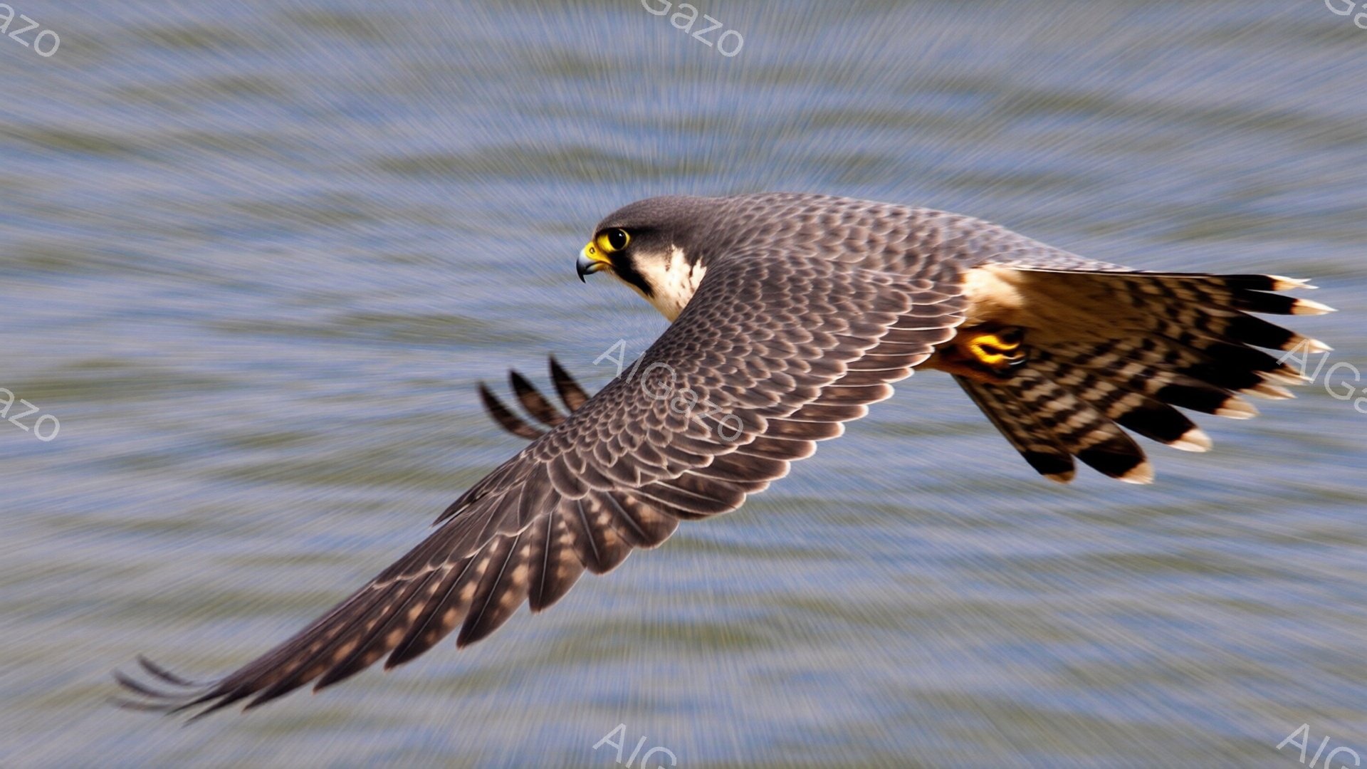 鮮やかな青い空を背景に、一羽の猛禽類が翼を広げて飛翔している。その羽は灰色と黒の美しい模様で覆われ、翼端には鮮やかなオレンジ色の帯が走る。背景はぼやけており、鳥のスピード感と空の広がりを強調している。