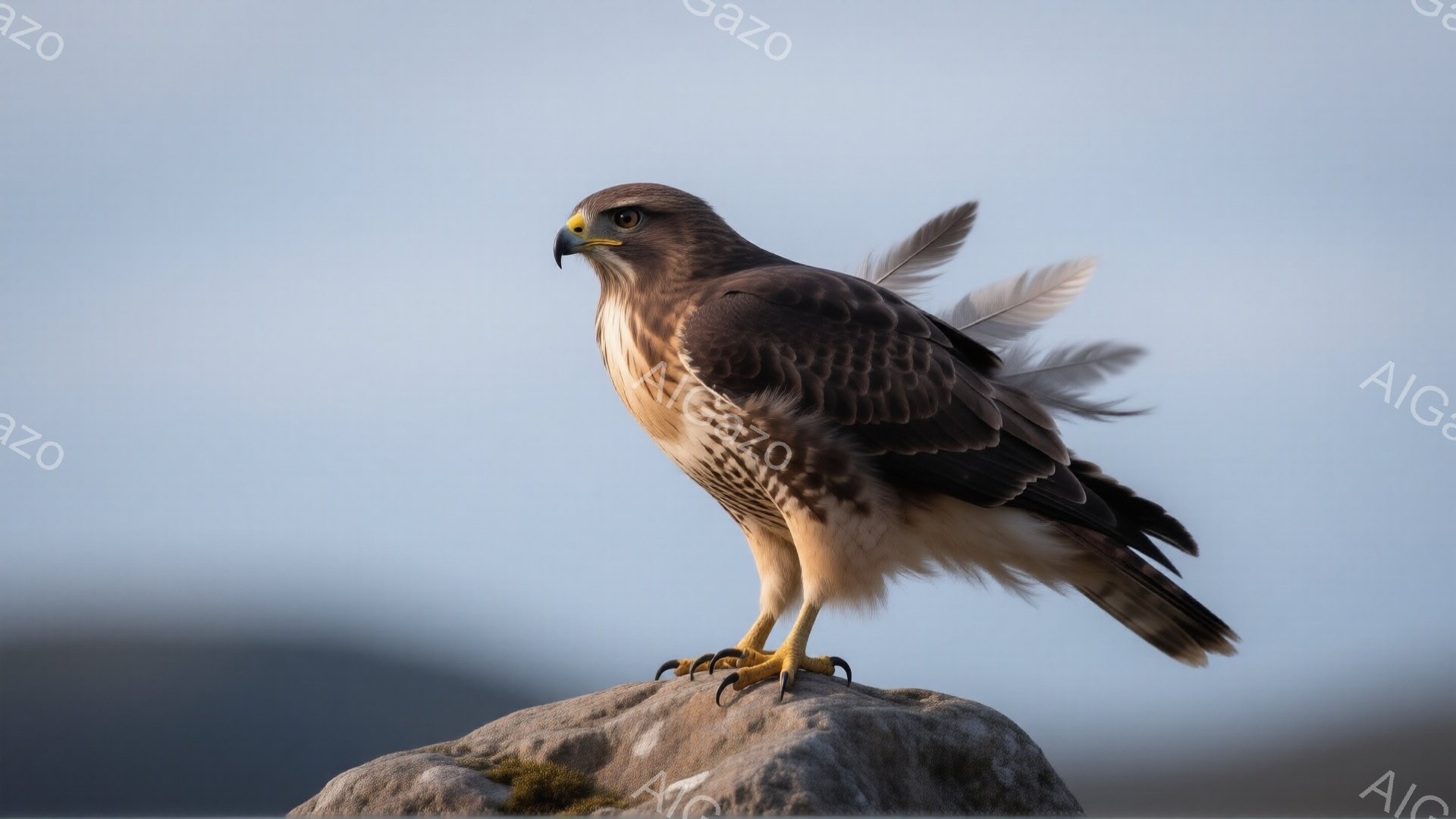 鮮やかな黄色の脚を持つハヤブサが、苔むした岩の上に優雅に立っている。背景には、ぼやけた青色の山々が広がり、穏やかで静寂な雰囲気を醸し出している。鳥の羽は鮮やかで、光沢があり、その鋭い視線は遠くを見つめている。