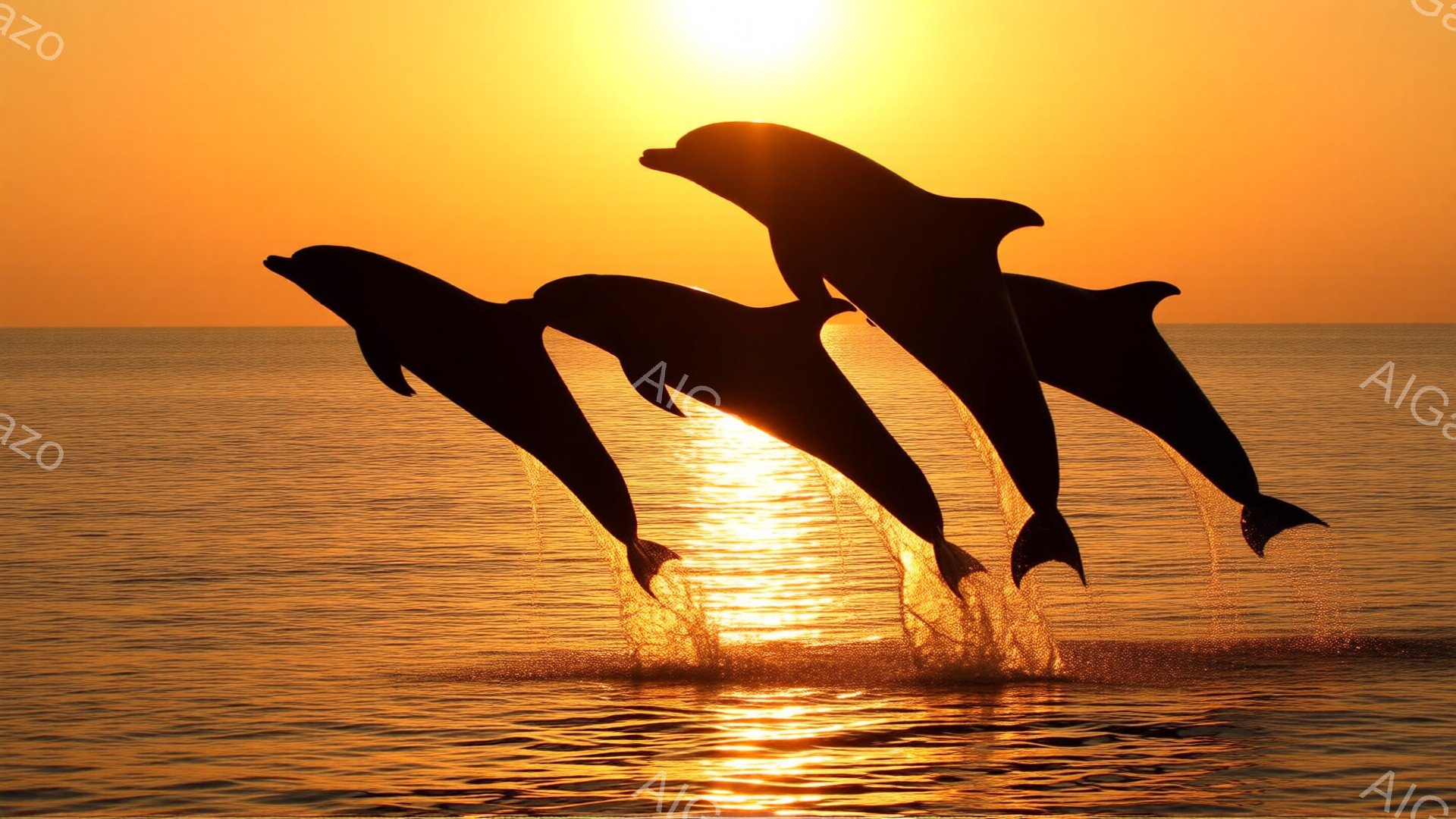 太陽が沈みゆく水平線上で、３匹のイルカが海中から飛び上がっている様子が捉えられています。夕焼けのオレンジ色の光がイルカのシルエットを際立たせ、海面にはキラキラと反射した光が広がっています。穏やかで幻想的な雰囲気で、自然の美しさを感じさせます。