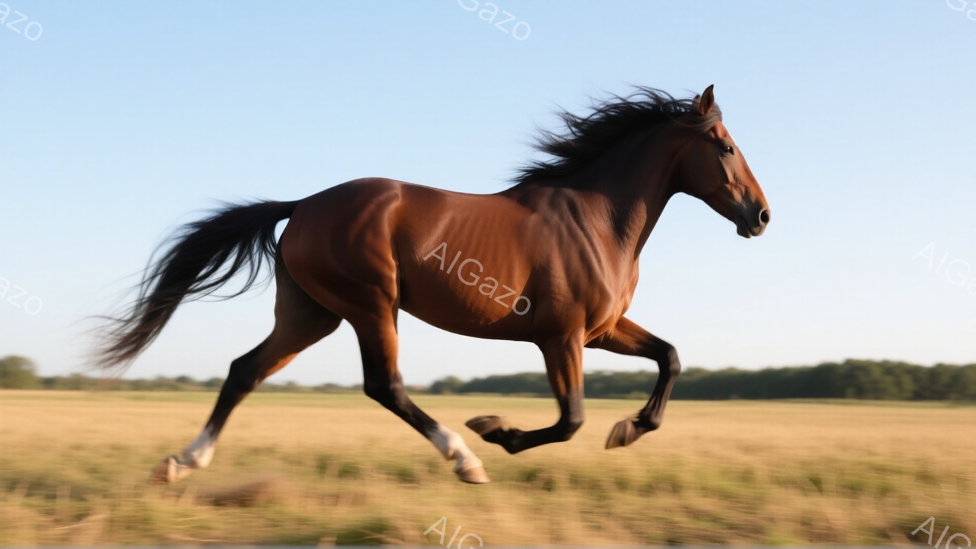 栗色の馬が草原を疾走している。たてがみが風になびき、筋肉質な脚で力強く大地を踏みしめている様子から、自由と躍動感が伝わってくる。背景には、金色に輝く草原と遠くに見える緑の木々が広がり、晴れた空の下、穏やかで活気のある雰囲気が漂っている。
