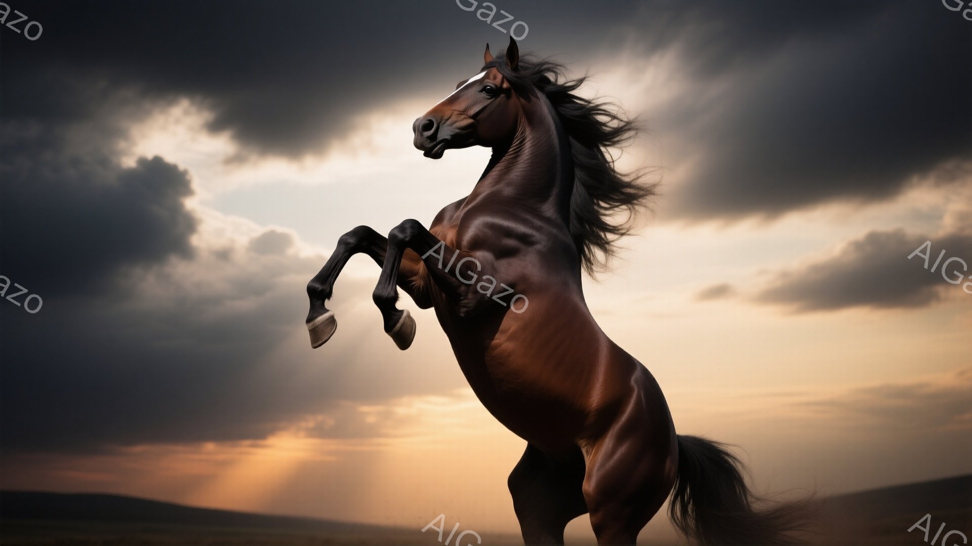 黒い馬が、夕焼けを背景に、前脚を高く上げて躍動している姿が捉えられている。風になびくたてがみと、力強い筋肉質な体躯が印象的で、背景の荒野と暗雲が、馬の野生的なエネルギーを強調している。全体的に、力強く、ドラマチックな雰囲気が漂っている。