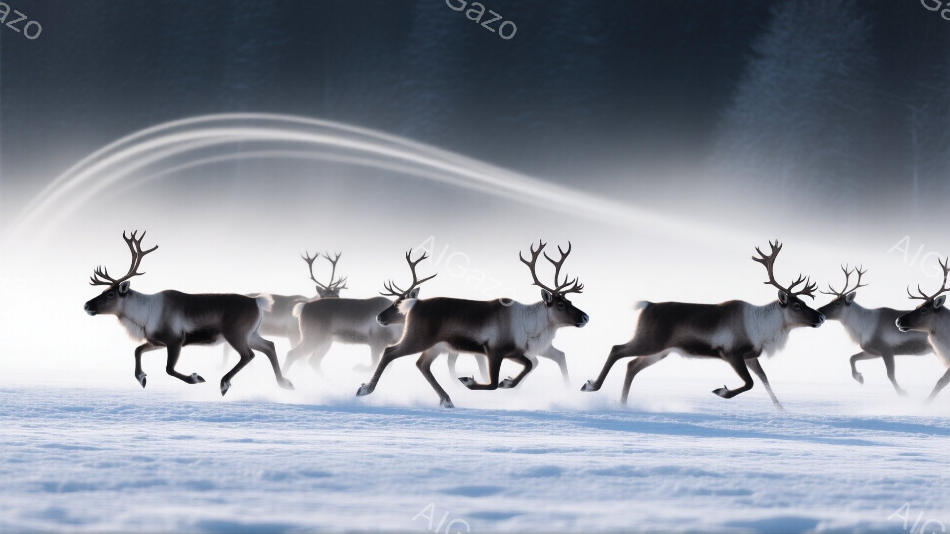 雪景色の中に、角を持つシカの群れが躍動的に駆けている様子が捉えられています。白い雪原を背景に、シカたちは一列に並び、力強く前進しており、その姿は冬の凛とした空気を表現しています。上空にはぼんやりとした光の筋が走り、幻想的な雰囲気を醸し出しています。
