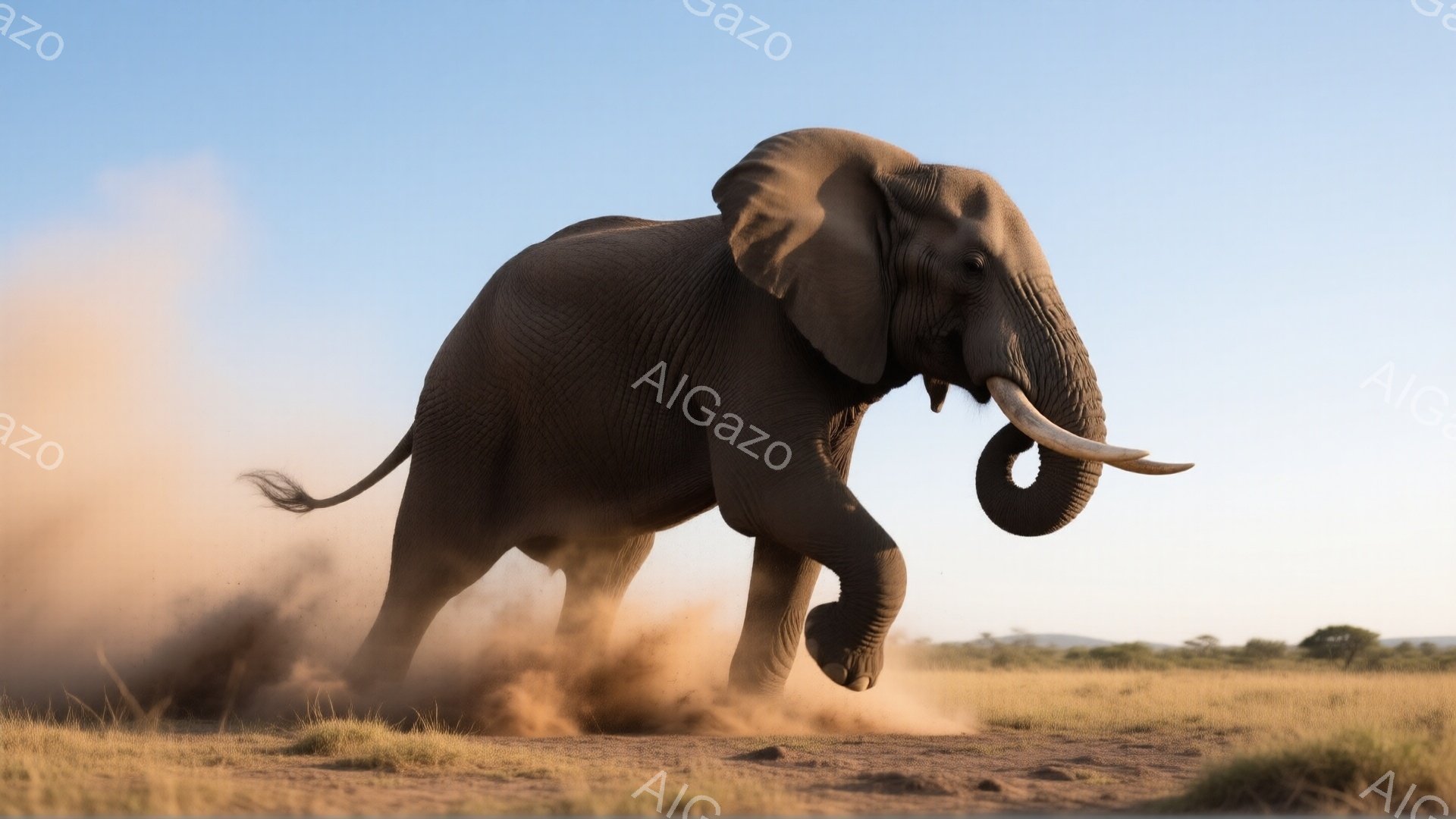 巨大なアフリカゾウが草原を猛スピードで駆け抜けている様子が捉えられています。土埃が舞い上がり、ゾウの力強い躍動感とスピード感が伝わってきます。背景には黄金色の草原が広がり、遠くにはぼんやりと山並みが確認できます。