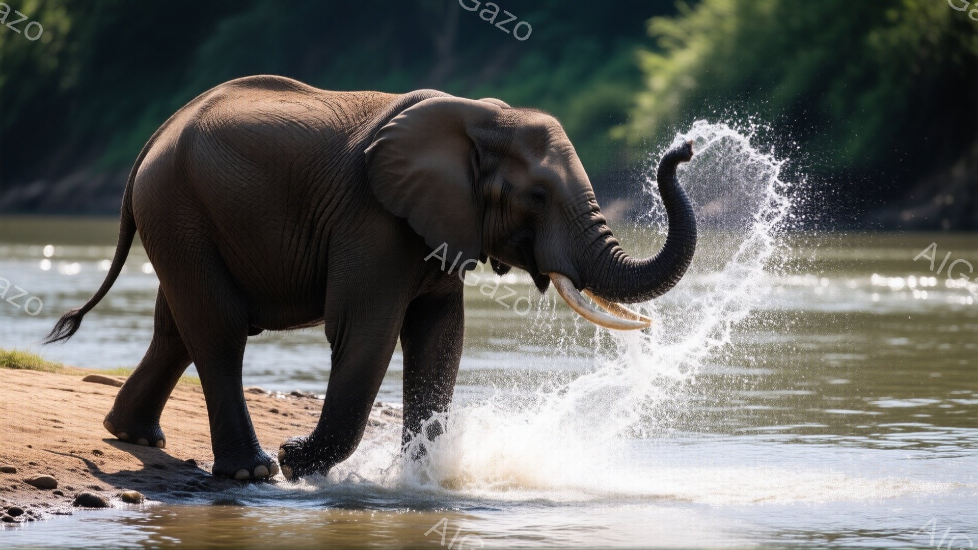 画像には、浅い水辺で水を浴びている大きなアフリカゾウが写っている。ゾウは右前足を上げて水を撒き、力強く、生き生きとした姿を見せている。背景には緑豊かな植物が見え、水面には光が反射し、穏やかで自然な雰囲気を醸し出している。