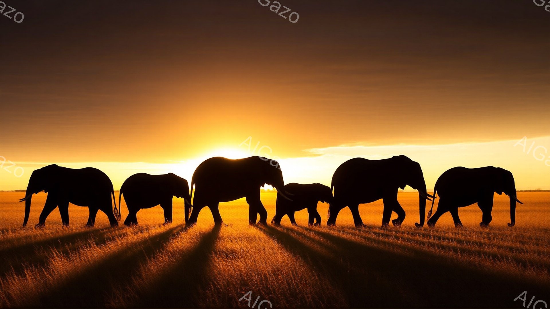 広大な草原を、夕焼けを背景に、象の家族が列をなして歩いている。それぞれの象はシルエットとなっており、強い光によって長く伸びた影が草原に映っている。全体的に暖かく、静かで、平和な雰囲気を醸し出している。