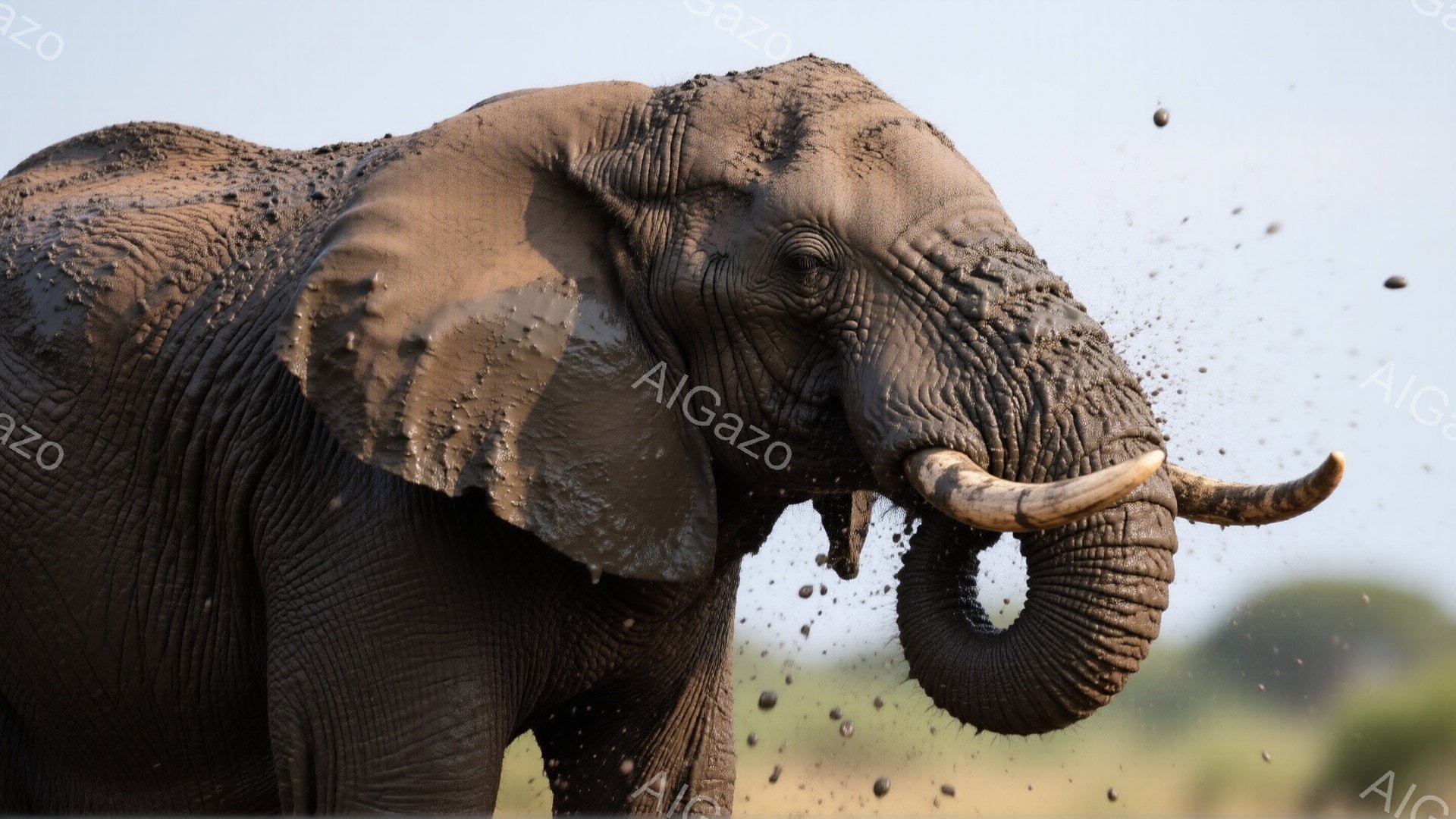画像は、泥まみれの大きなアフリカゾウの顔のクローズアップです。長い牙と巻き付いた鼻が特徴的で、まるで水しぶきを浴びているかのように泥が飛び散っています。背景には緑色の草地とぼんやりとした木々が見え、ワイルドで自然な雰囲気が漂います。