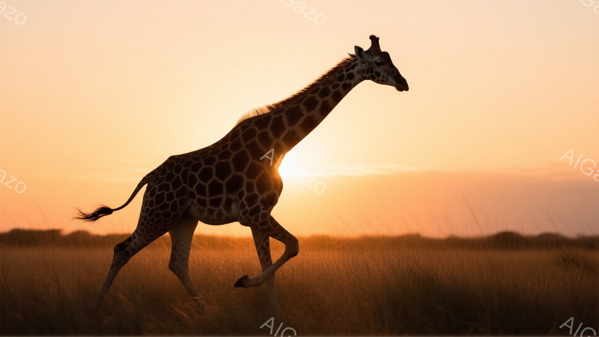 広大なサバンナを、すらりとした長頸鹿が力強く駆けている姿が捉えられている。夕焼け空を背景に、そのシルエットが際立ち、草原の黄色の草木とコントラストをなしている。全体的に温かく、躍動感のある、自然の壮大さを感じさせる雰囲気である。