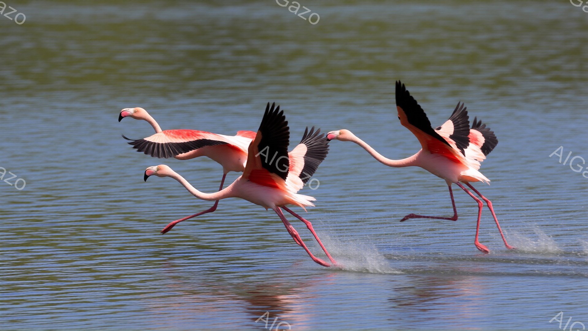 画像には、ピンク色のフラミンゴが水面を駆け抜ける様子が捉えられています。翼を広げ、長く細い脚で水しぶきを上げながら、躍動感あふれる姿を見せています。背景は穏やかな水面で、フラミンゴの鮮やかなピンク色が際立ち、生き生きとした雰囲気を醸し出しています。