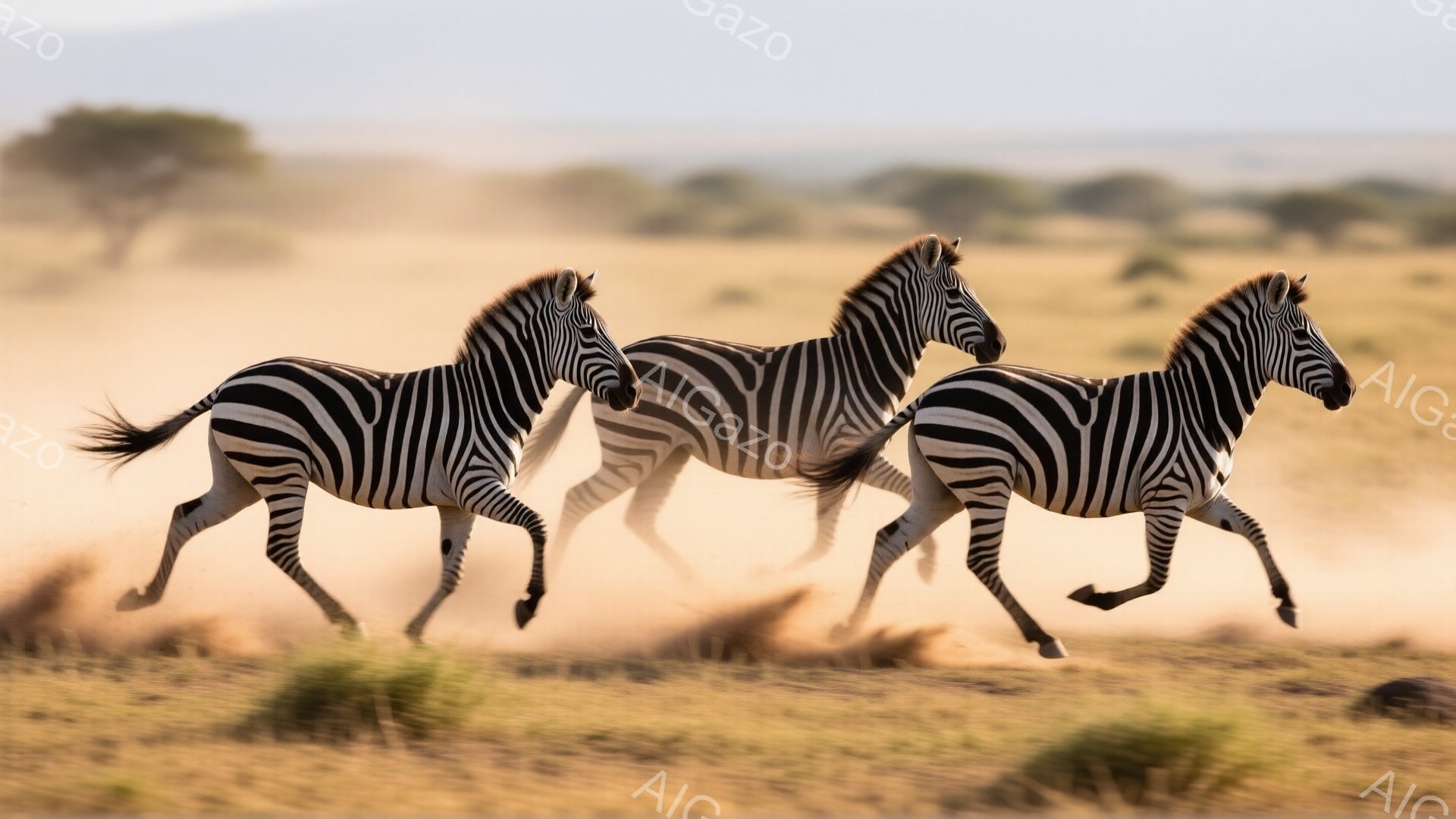 3頭のシマウマが砂埃を巻き上げながら草原を疾走している様子が捉えられています。シマウマたちは、力強く脚を蹴り上げ、躍動感あふれる姿を見せています。背景には乾燥した草原と遠くの木々が見え、夕暮れ時の穏やかな光が全体を包み込んでいます。