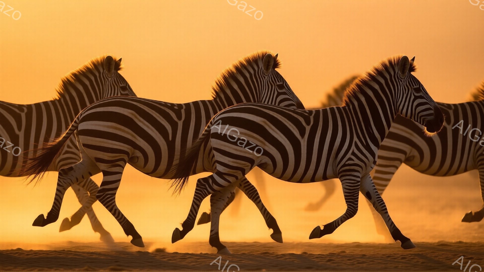 画像には、サバンナを疾走するシマウマの群れが写っている。夕焼けのオレンジ色の背景が、シマウマの白と黒の縞模様を際立たせており、躍動感と力強さを感じさせる。シマウマたちは埃を巻き上げながら、同じ方向に走り、自由で野生的な雰囲気を醸し出している。