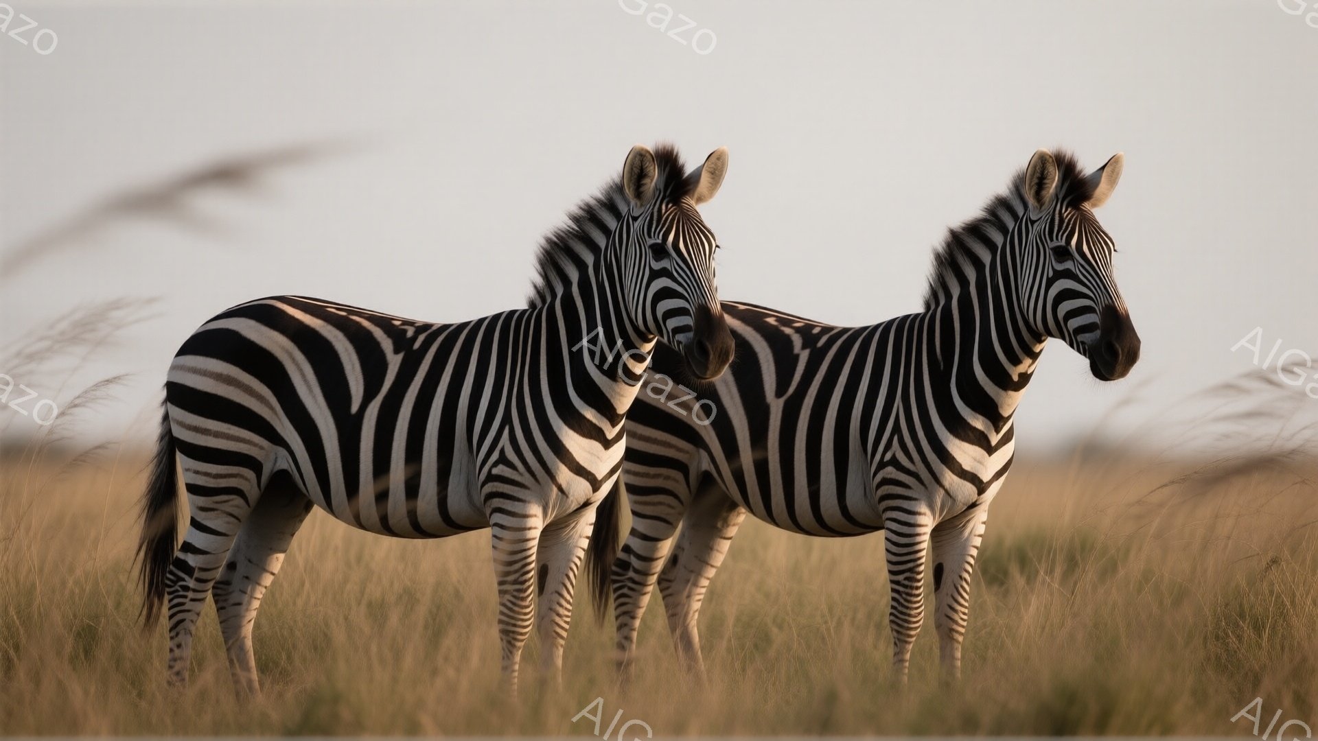 画像には2頭のシマウマが草原の中に立っている様子が写っています。シマウマたちは特徴的な白黒の縞模様を持ち、リラックスした姿勢で静止しています。背景には乾燥した黄金色の草原が広がり、夕暮れ時の柔らかな光が全体を包み込み、穏やかで平和な雰囲気を醸し出しています。