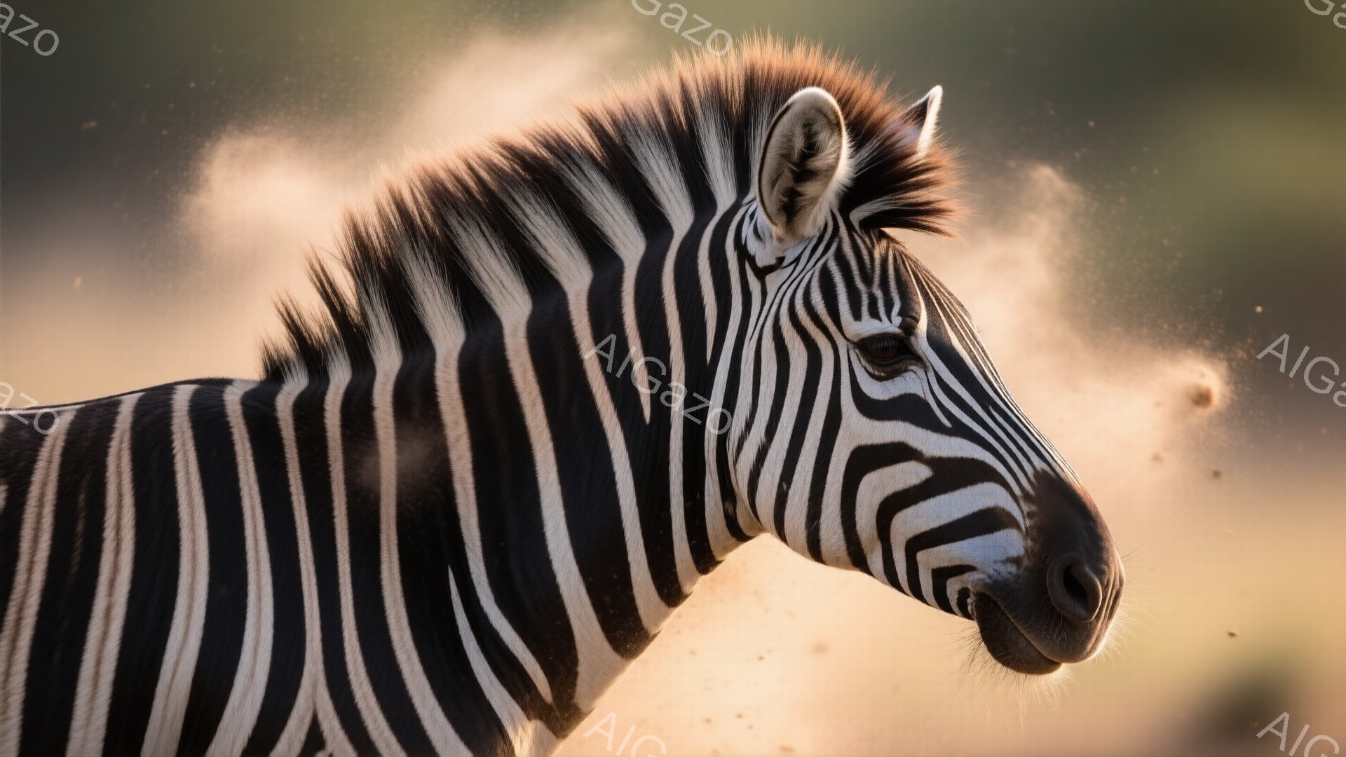 シマウマの顔のクローズアップ写真で、特徴的な白黒の縞模様が際立っている。埃っぽい土が舞い上がり、シマウマの周囲をぼかし、動きと活力を表現している。背景は柔らかいオレンジ色で、夕暮れ時のサバンナのような雰囲気を感じさせる。