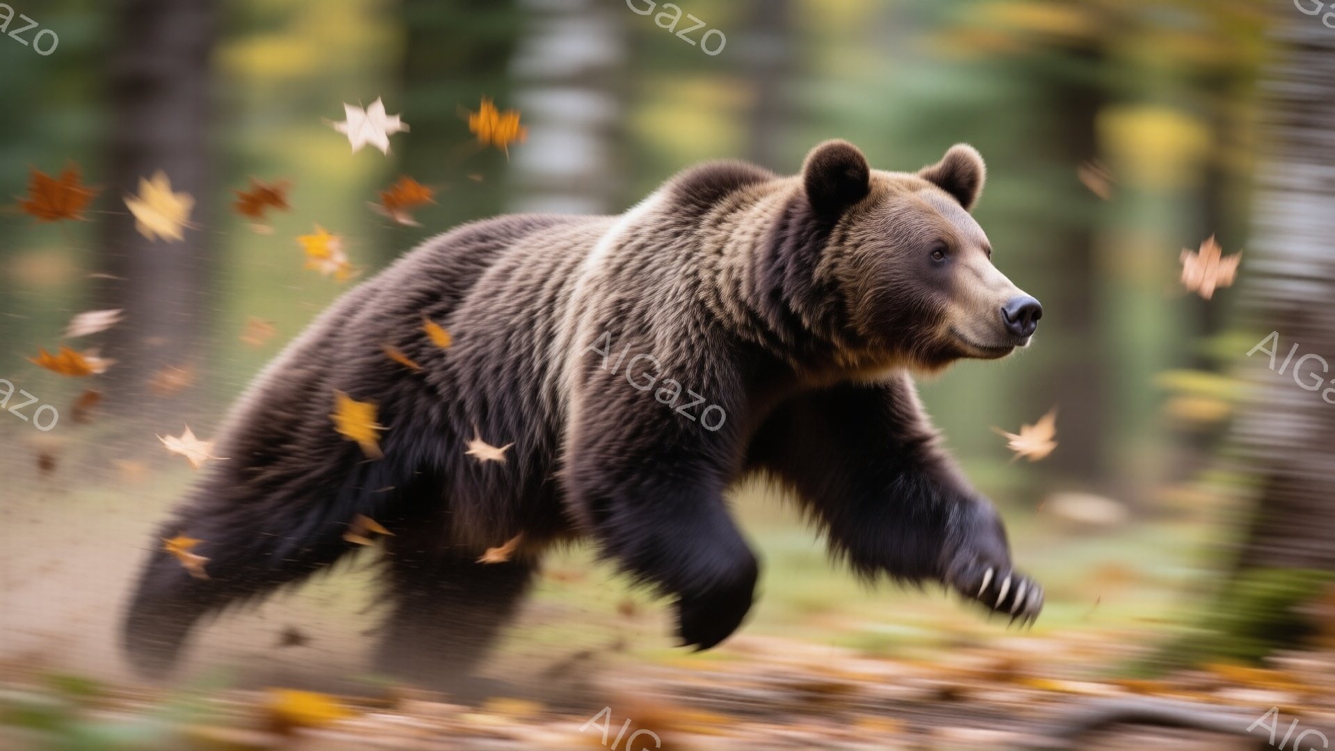 広大な森林の中で、茶色のクマが力強く走り抜けている姿が捉えられている。落ち葉が舞い散る中、クマは前足を大きく伸ばし、地面を蹴り上げながら疾走している。背景にはぼやけた木々が見え、秋の森の静寂と力強さが感じられる。