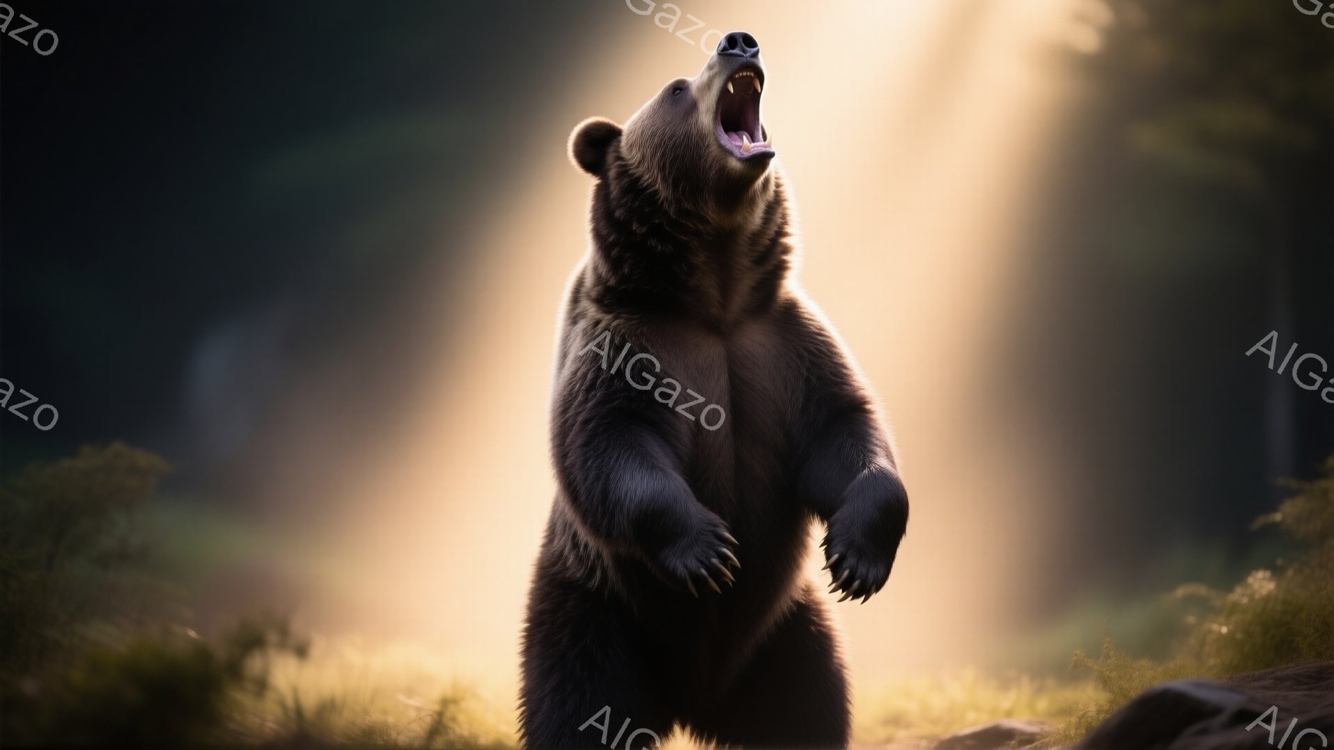 巨大な茶色の熊が、口を開けて咆哮している姿が捉えられています。背景には緑豊かな草地と木々が見え、太陽光線が差し込み、ドラマチックな雰囲気を醸し出しています。熊は力強く立ち上がり、その威圧感と自然の力が感じられます。