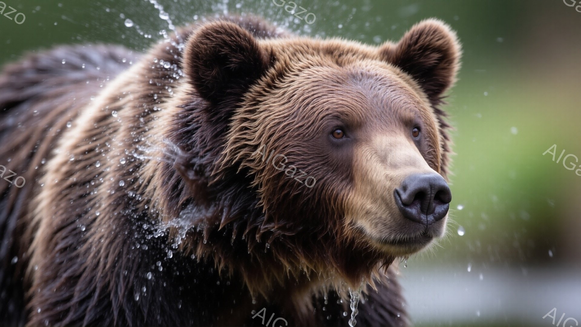 濃い茶色のクマが、水しぶきを浴びながらこちらを見ている姿が捉えられています。その表情は穏やかで、湿った毛並みが光を受けて輝いています。背景は緑色のぼやけた自然で、クマが水辺にいることを示唆しています。