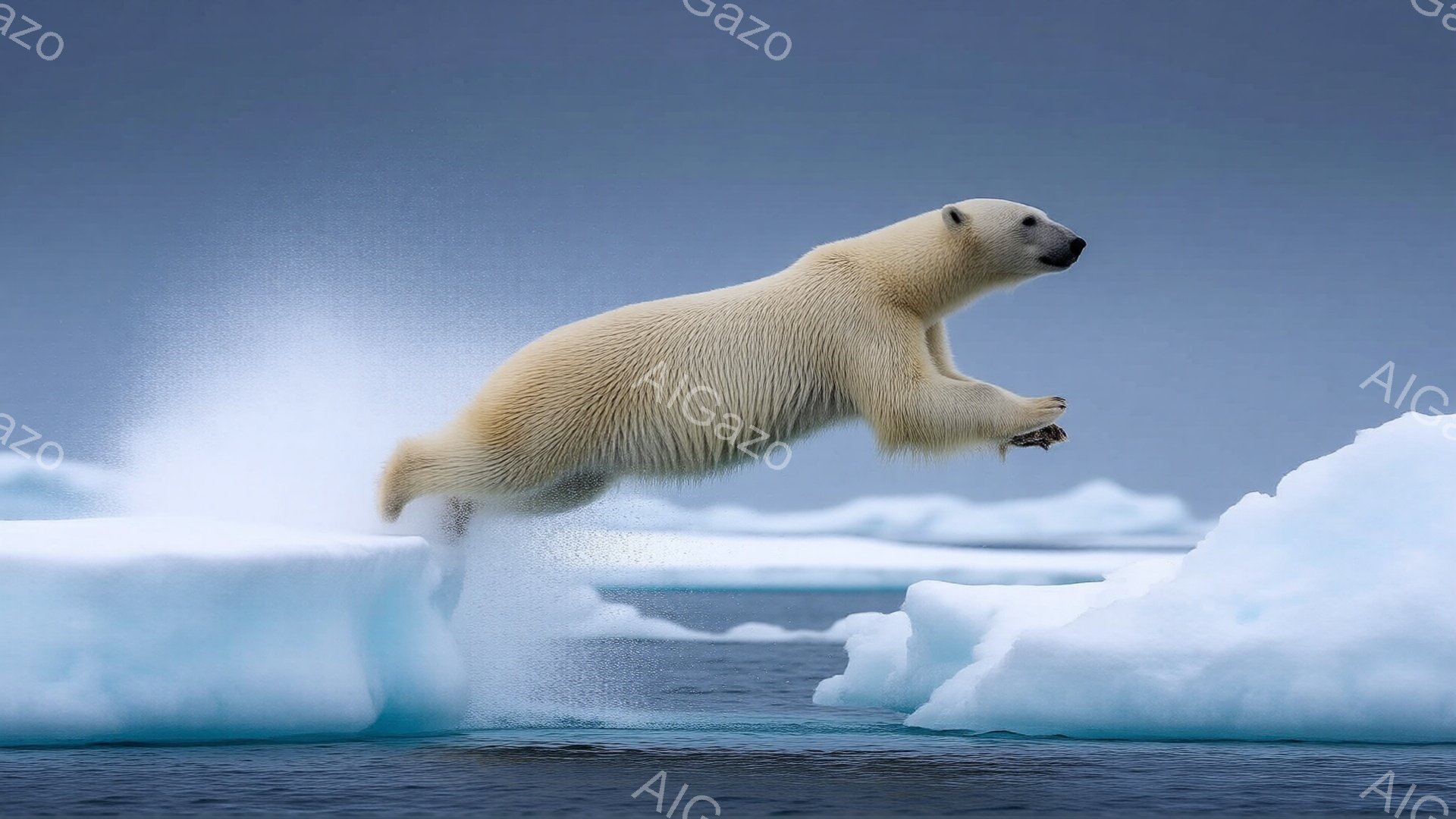 白いホッキョクグマが、割れた氷の塊の上で大きく飛び跳ねている様子が捉えられています。氷が砕ける瞬間で、水しぶきが舞い上がり、グマの力強い跳躍と氷の冷たさを強調しています。背景には、薄いグレーの空と、広大な氷原が広がり、厳しい自然環境が感じられます。