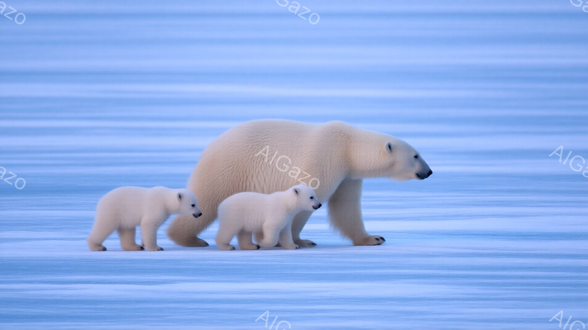 白い雪原を、母親のホッキョクグマと2匹の子グマが歩いている。母親は大きく、後ろを振り向き、子グマたちの様子を見守っているように見える。背景は均一な白で、氷河や雪原が広がり、全体的に静かで穏やかな雰囲気 - AI生成フリー素材