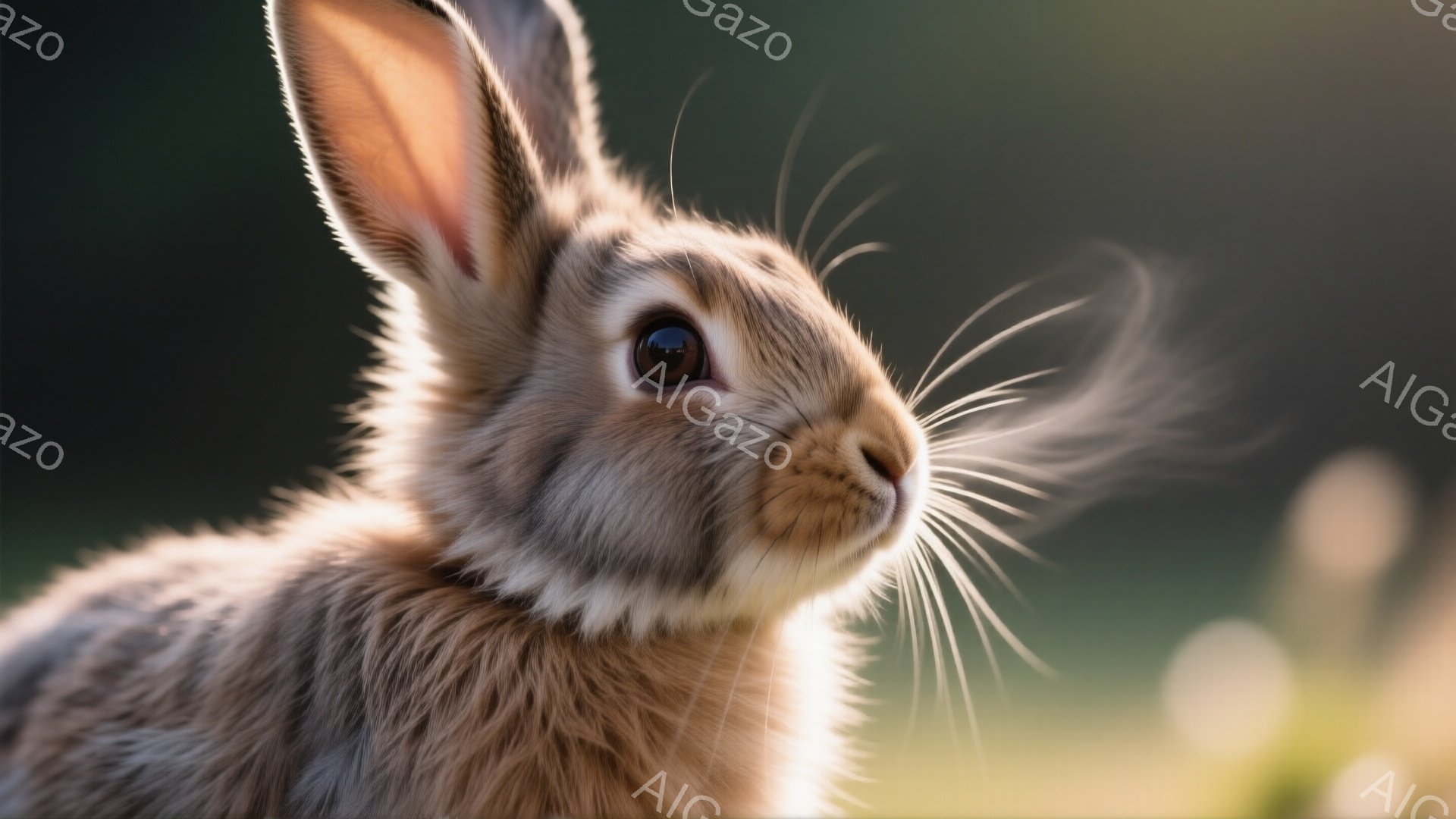 鮮やかな緑の背景に、茶色い野ウサギが写っている。ウサギは右を向き、大きな耳を立て、黒々とした瞳で何かを見つめているように見える。光が柔らかく差し込み、毛並みを照らし出し、穏やかで自然な雰囲気を醸し出している。