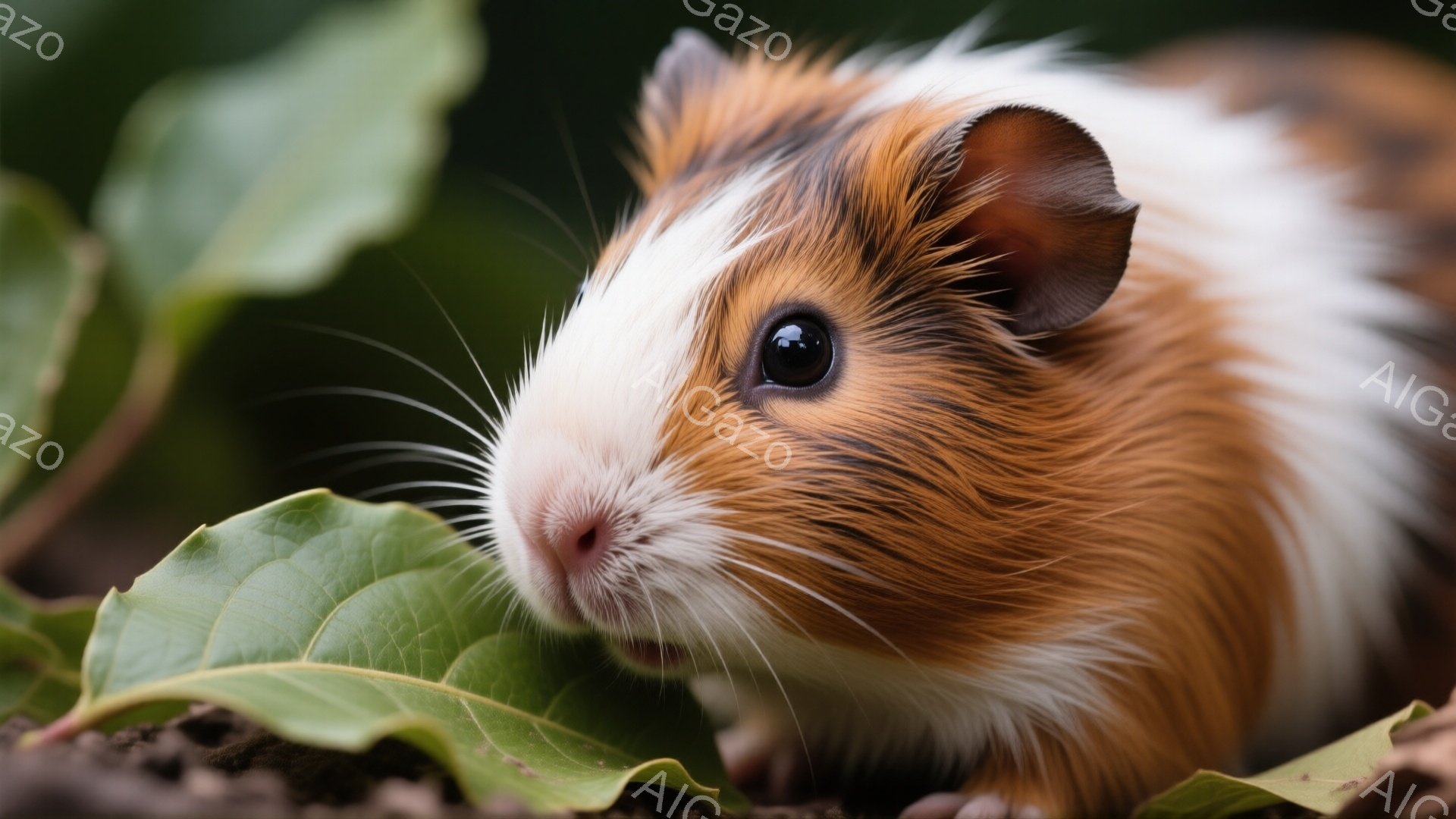 茶色と白の毛並みが特徴的なモルモットが、緑色の葉の上にちょこんと座っています。つぶらな瞳と小さな鼻が可愛らしく、どこか優しい表情を浮かべています。背景には緑豊かな植物が見え、自然の中でリラックスした雰 - AI生成フリー素材