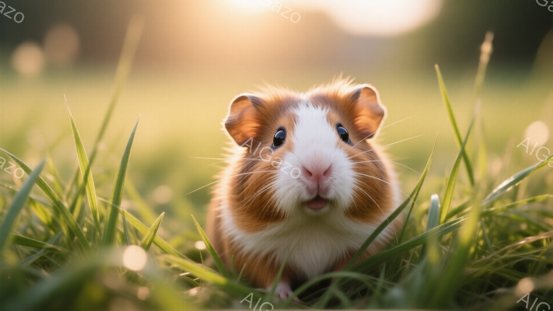 緑の草むらの中に、茶色と白の毛並みを持つモルモットが座っています。モルモットは少し口を開けており、好奇心旺盛な表情をしています。背景は柔らかい光に包まれ、暖かく穏やかな雰囲気が漂っています。