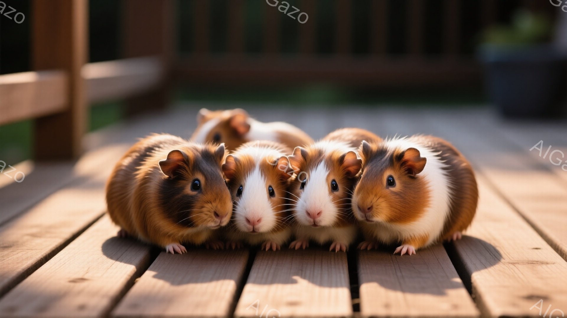 鮮やかなオレンジと白の毛並みを持つ四匹のモルモットが、木製のデッキの上に寄り添って座っている。彼らは皆、前方を向いており、小さな鼻と黒い目が特徴的で、穏やかな表情を浮かべている。背景には、緑豊かな植物が見え、太陽の光がデッキに暖かく差し込み、平和で心地よい雰囲気を醸し出している。