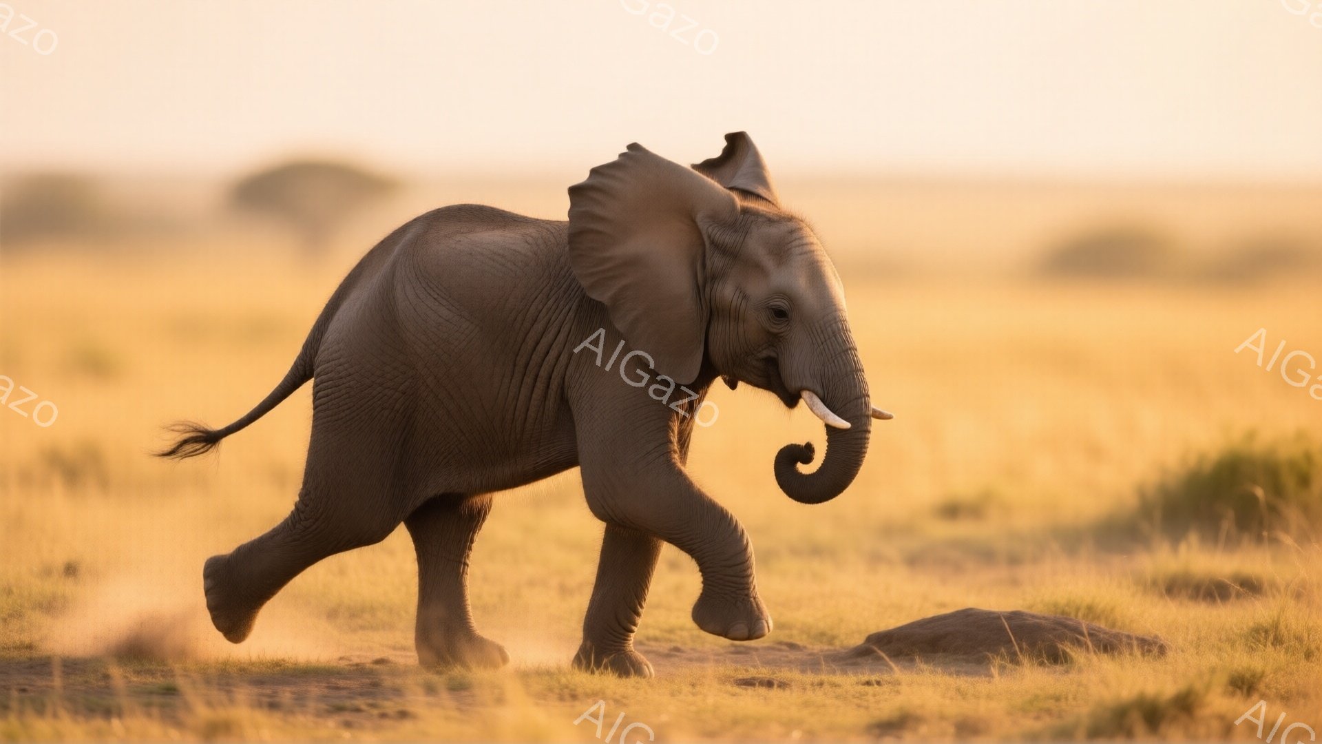 画像には、サバンナのような草原を駆け抜ける若い象が写っています。夕暮れ時の太陽光が暖かく照らし、草地は黄金色に輝いています。象は勢いよく走り、その表情は活気に満ち溢れています。
