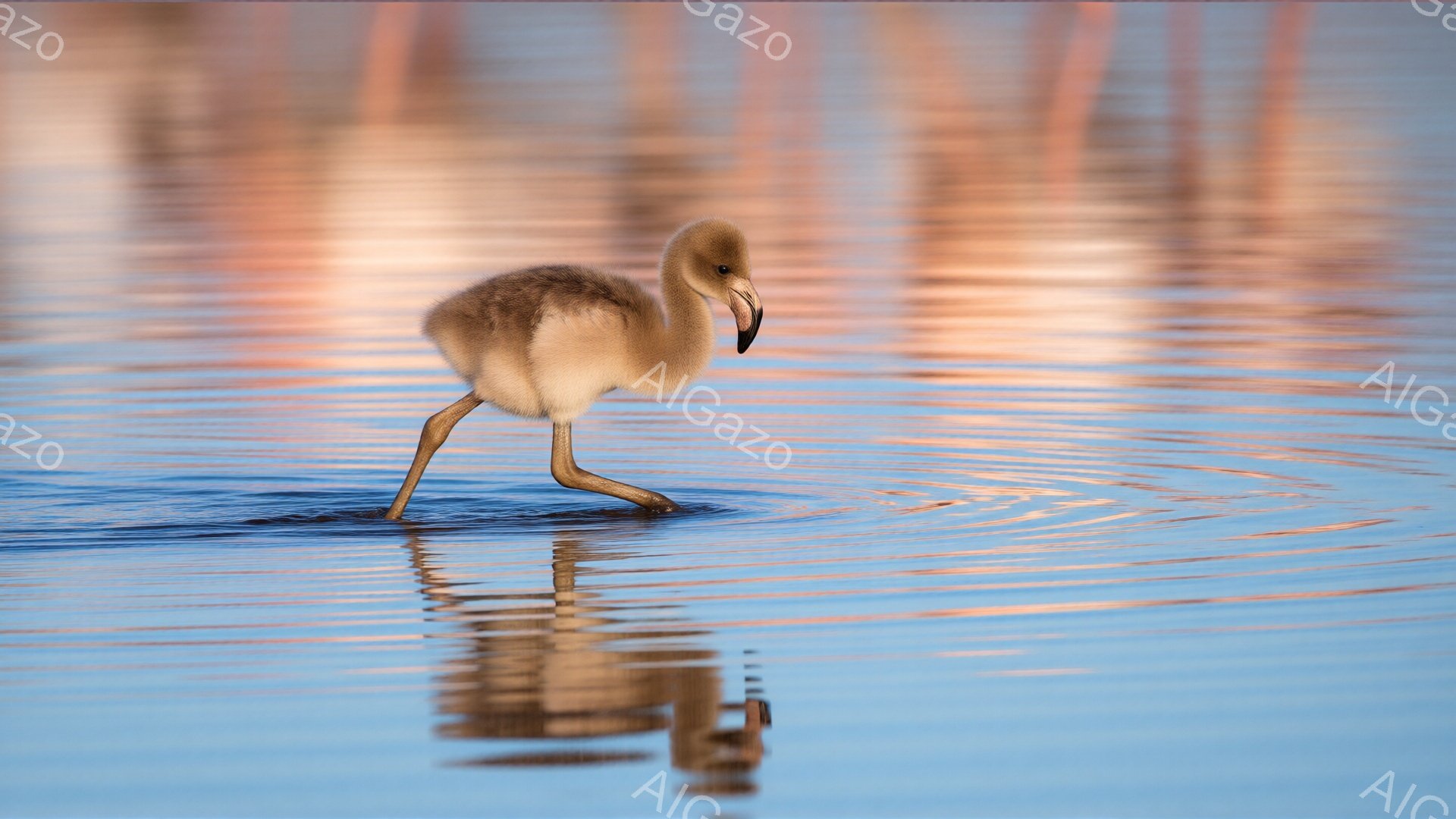 小さなフラミンゴのヒナが、水面に浮かぶリフレクションと共に写っている。ヒナはまだふわふわとした薄いピンク色の羽毛を持ち、水面をちょこちょこと歩くように移動している。背景は穏やかな水面が広がり、水面に映る空とヒナの色が溶け合い、暖かく穏やかな雰囲気を醸し出している。