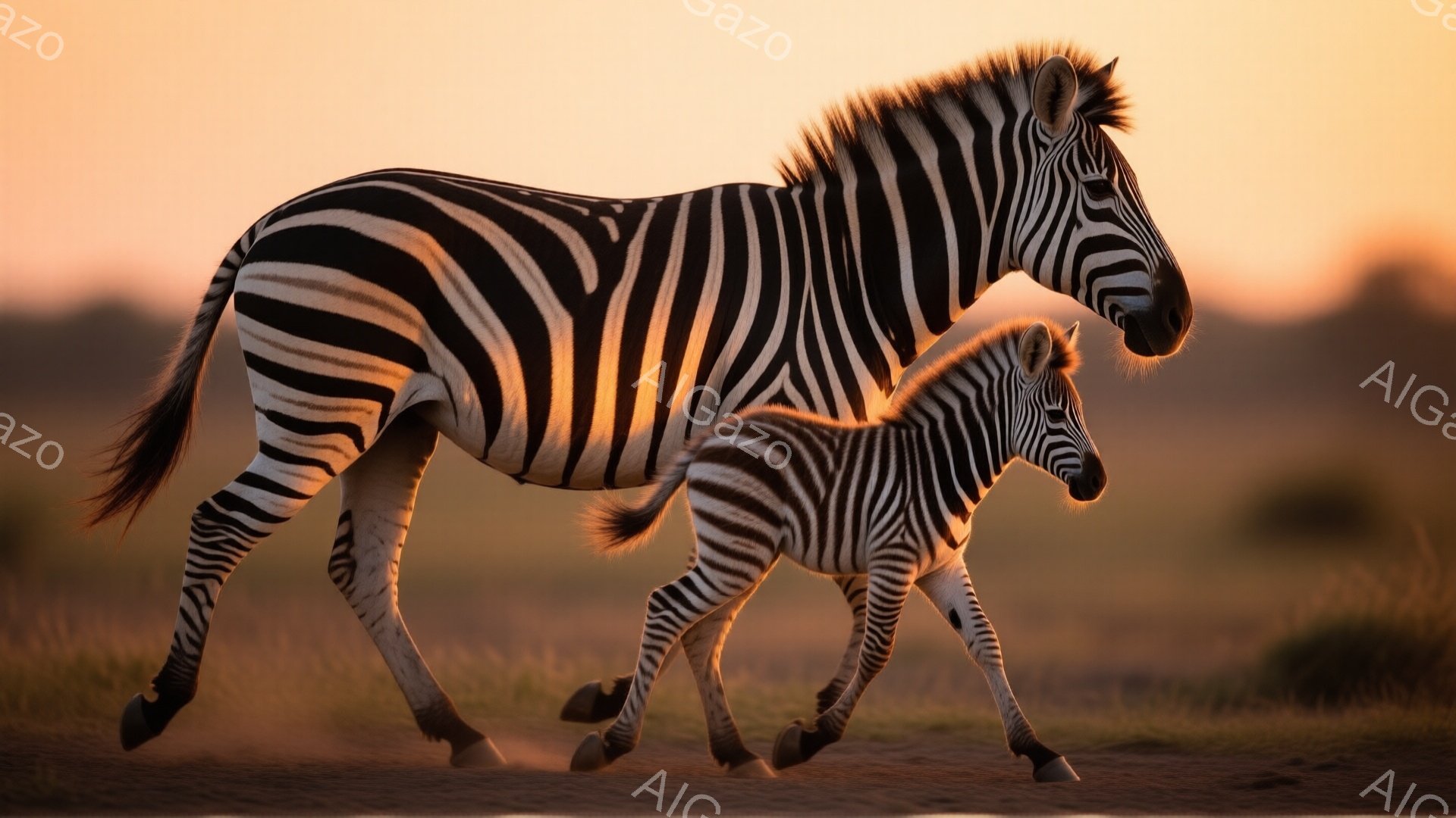 広大なサバンナで、母ゼブラと子ゼブラが力強く駆けている姿が捉えられています。夕焼けのオレンジ色とサバンナの黄金色の草が背景を照らし、躍動感と温かい雰囲気を生み出しています。ゼブラの縞模様が際立ち、夕日の光を受けて輝きを増しています。