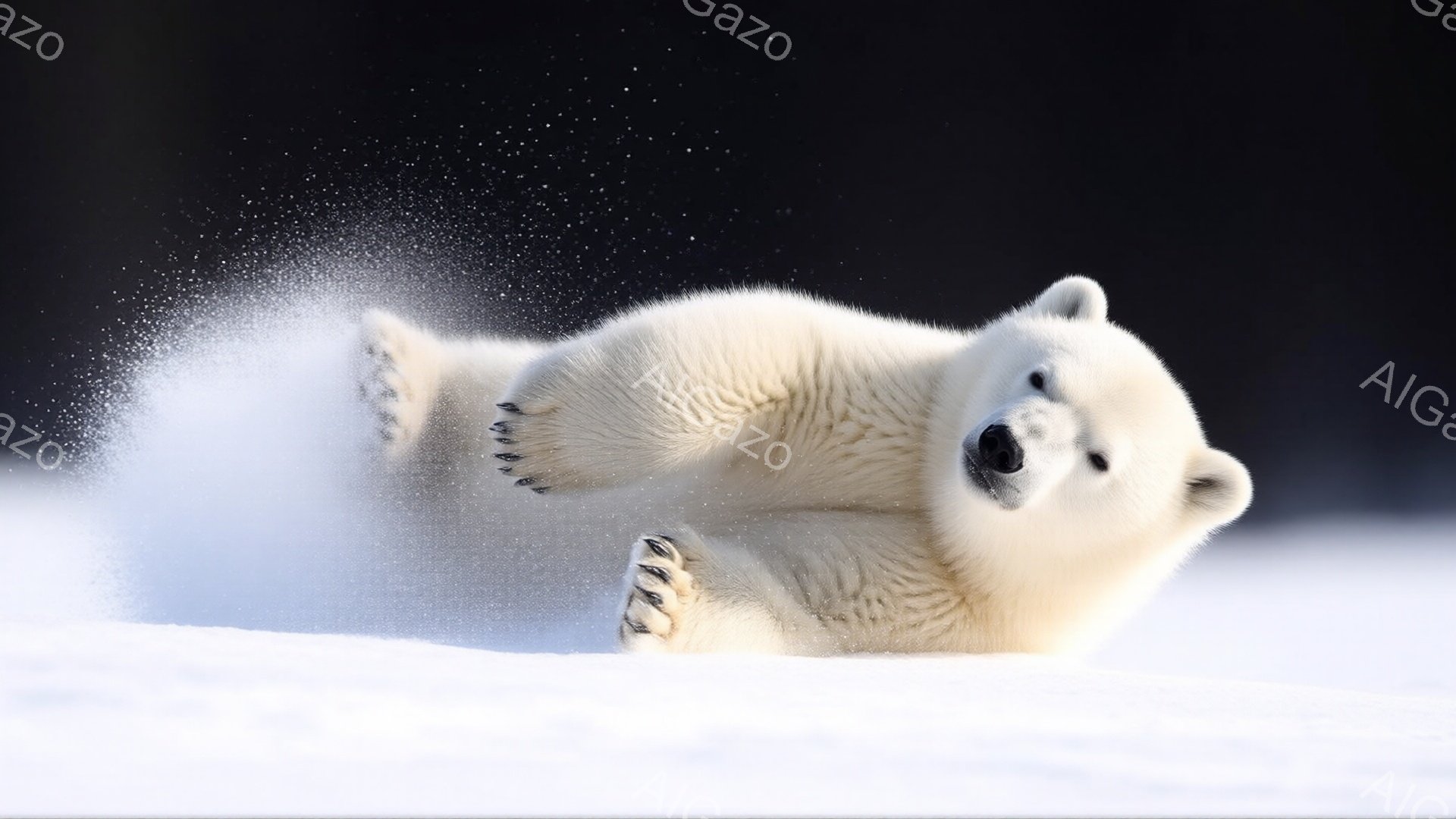 白くふわふわとしたホッキョクグマが雪の上を転がっている様子が捉えられています。四肢を広げ、体を丸めながら雪煙を巻き上げ、楽しそうに遊び回っている姿が印象的です。背景は真っ白な雪景色で、まるで冬の遊園地のような、軽快で躍動感あふれる雰囲気です。