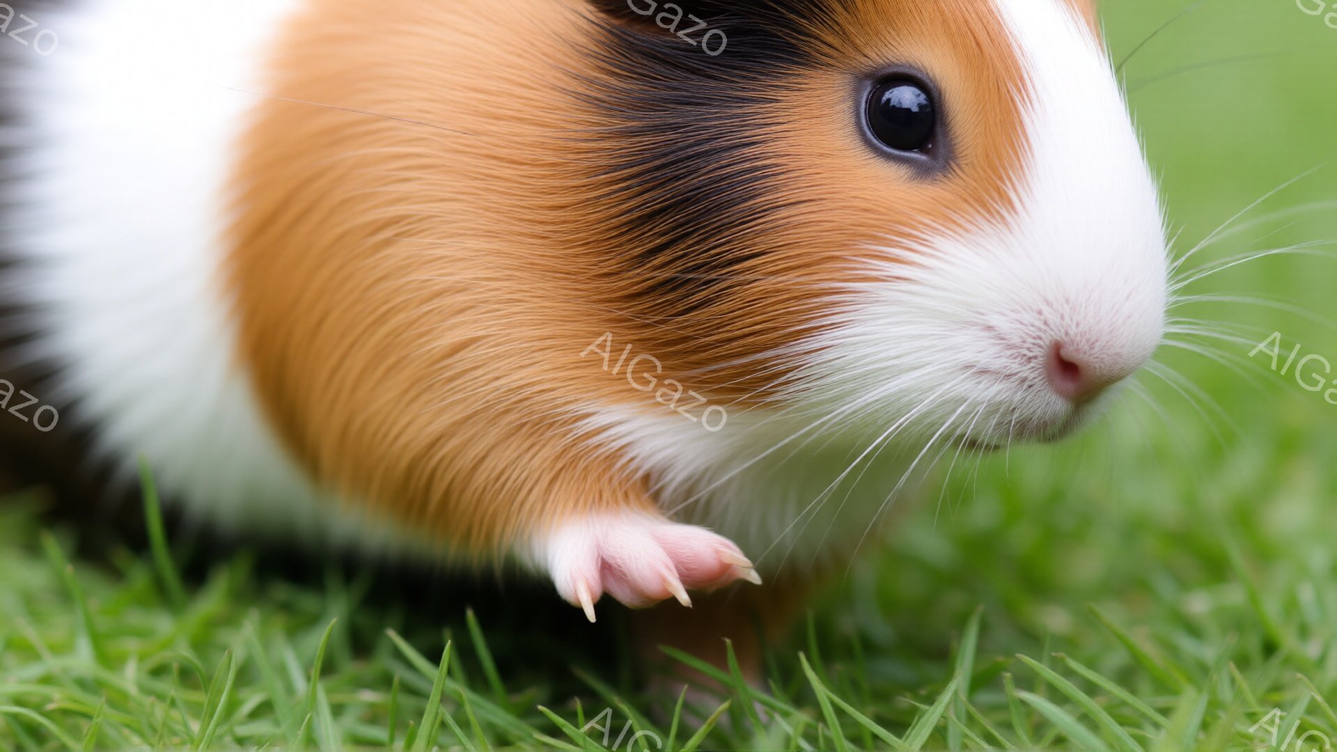 白とオレンジ色の毛並みを持つモルモットが、緑の草の上を歩いています。小さな前足は少し伸びており、好奇心旺盛な表情で何かを見つめているようです。背景は鮮やかな緑色で、暖かい日差しが感じられる、可愛らしい雰囲気の写真です。