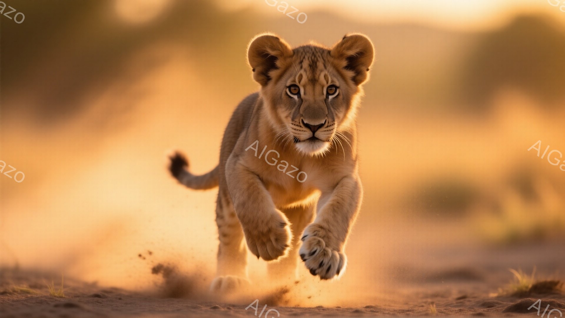 若いライオンの子が砂の上を力強く走り、前足を大きく伸ばして勢いよく進んでいる。背景は夕焼けのようなオレンジ色の光に包まれ、砂埃が舞い上がり、活気に満ちた雰囲気を醸し出している。その表情は真剣で、野生のエネルギーと決意に満ちている。