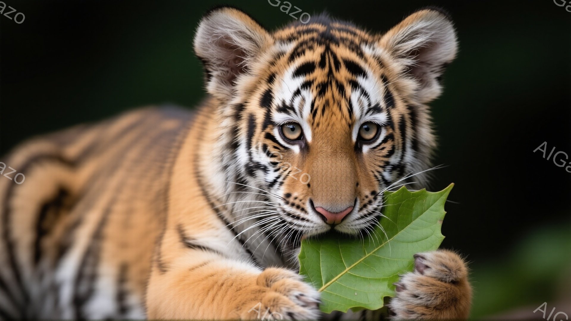 若いトラが大きな緑の葉を前足で抱え、口でかじっている様子が写っている。トラは鮮やかなオレンジ色と黒の縞模様を持ち、鋭い目つきでこちらを見つめている。背景は暗い緑色で、焦点のぼけがあり、トラが主役となっている。