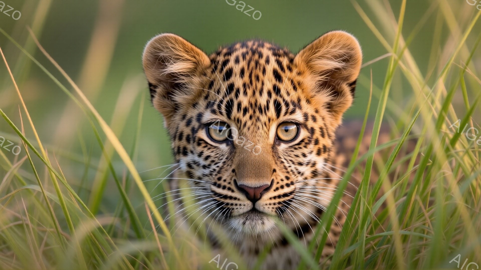 鮮やかな緑色の草の中に、幼いヒョウが顔を覗かせています。その目は金色で、好奇心と警戒心を同時に湛えています。背景は緑豊かで、穏やかな晴天を思わせる、自然な雰囲気のショットです。