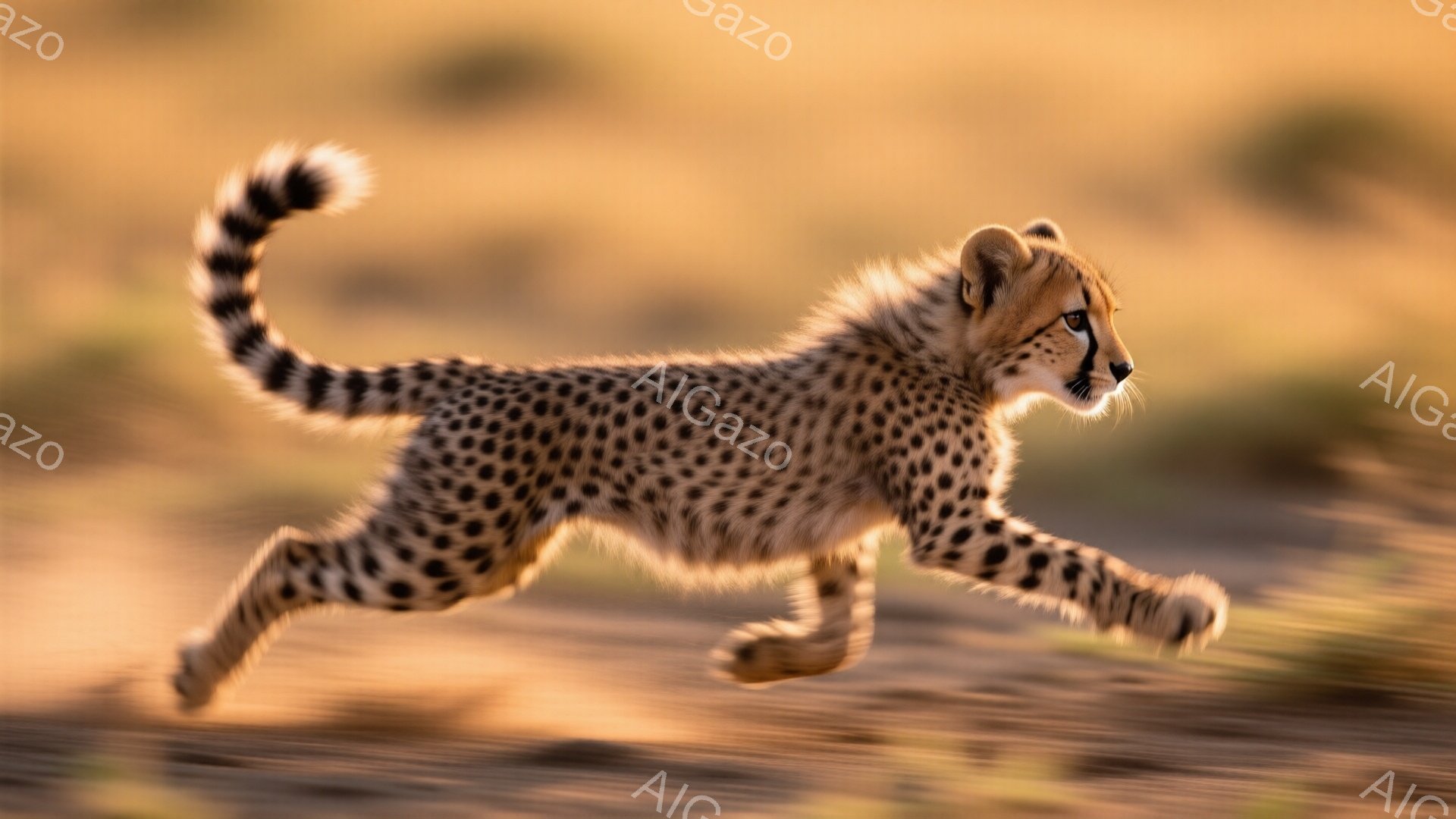 小さなチーターが砂漠のような大地を力強く駆けている様子が捉えられています。その体には特徴的な斑点がびっしりとあり、太陽光によって金色に輝いています。背景はぼやけた茶色の砂地で、チーターのスピード感を強調し、野生の力強い雰囲気を醸し出しています。