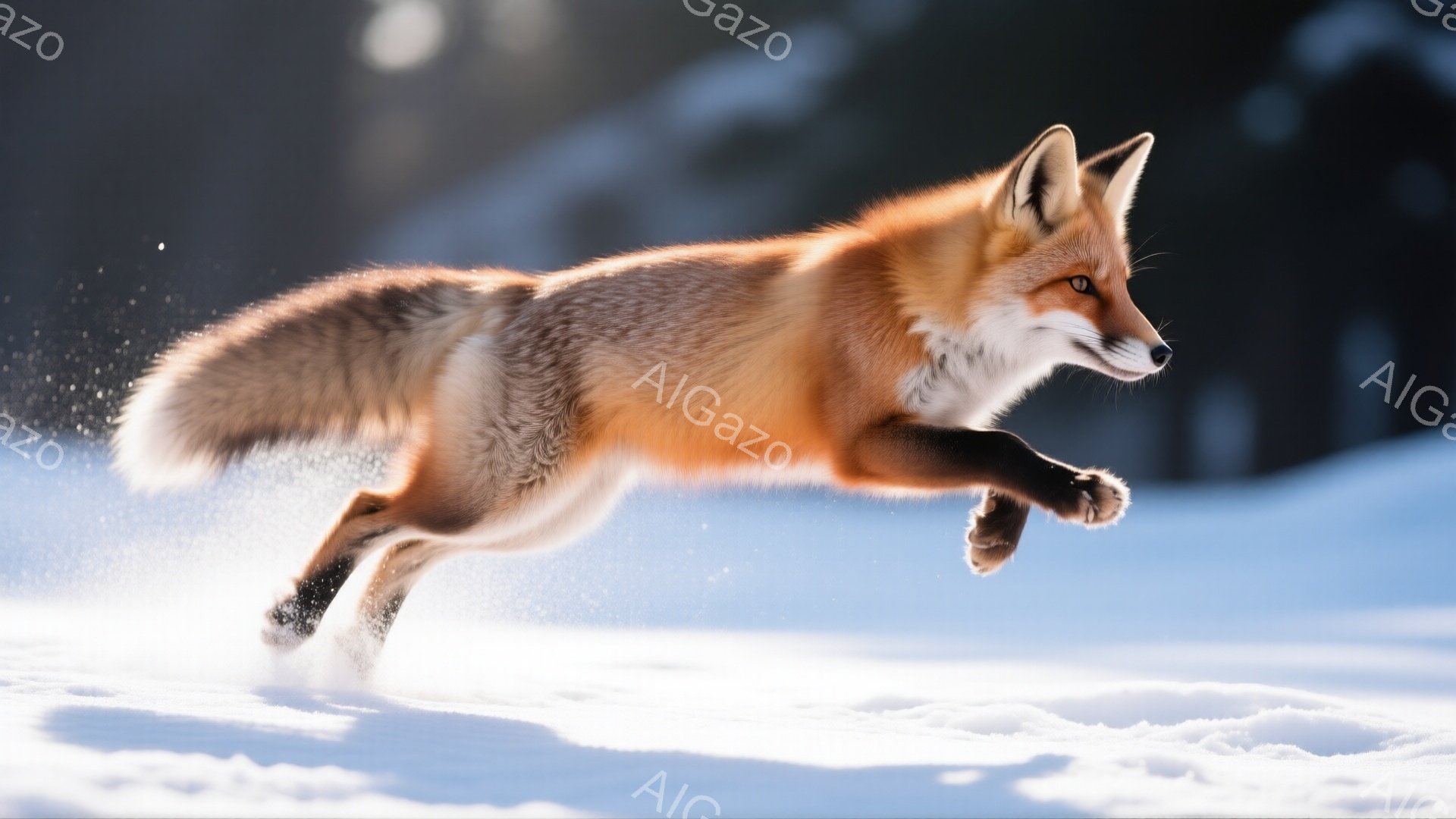 赤褐色の毛並みを持つキツネが、雪景色の中で大きくジャンプしている様子が捉えられています。雪が舞い上がり、躍動感とスピード感を強調しており、キツネの鋭い眼差しは獲物を狙っているかのように見えます。背景はぼやけた白銀の世界で、冬の厳しい自然の中で生きるキツネの力強さを感じさせます。