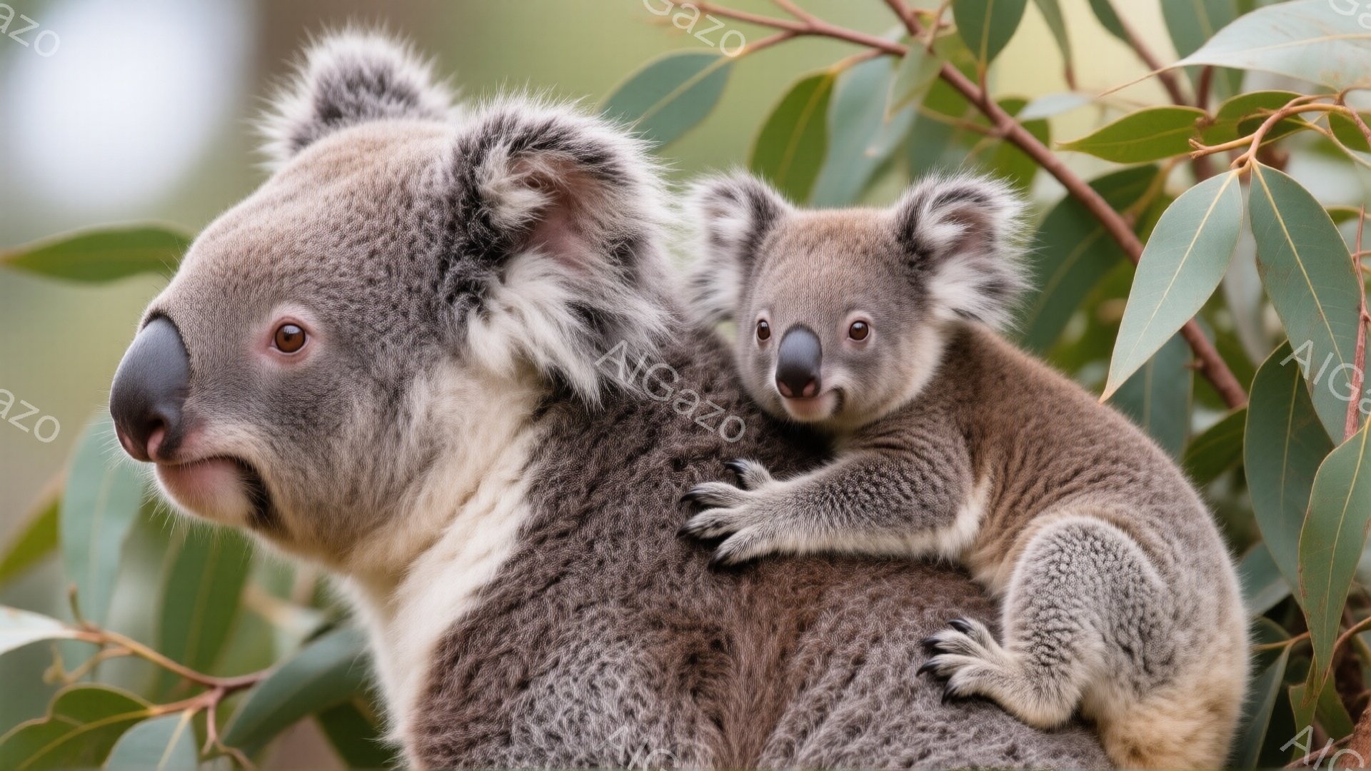 母コアラが子コアラを背中に乗せて木に止まっています。両親とも灰色の毛並みで、つぶらな瞳が特徴的です。背景には緑の葉が生い茂り、穏やかで愛情に満ちた雰囲気が漂っています。 - AI生成フリー素材