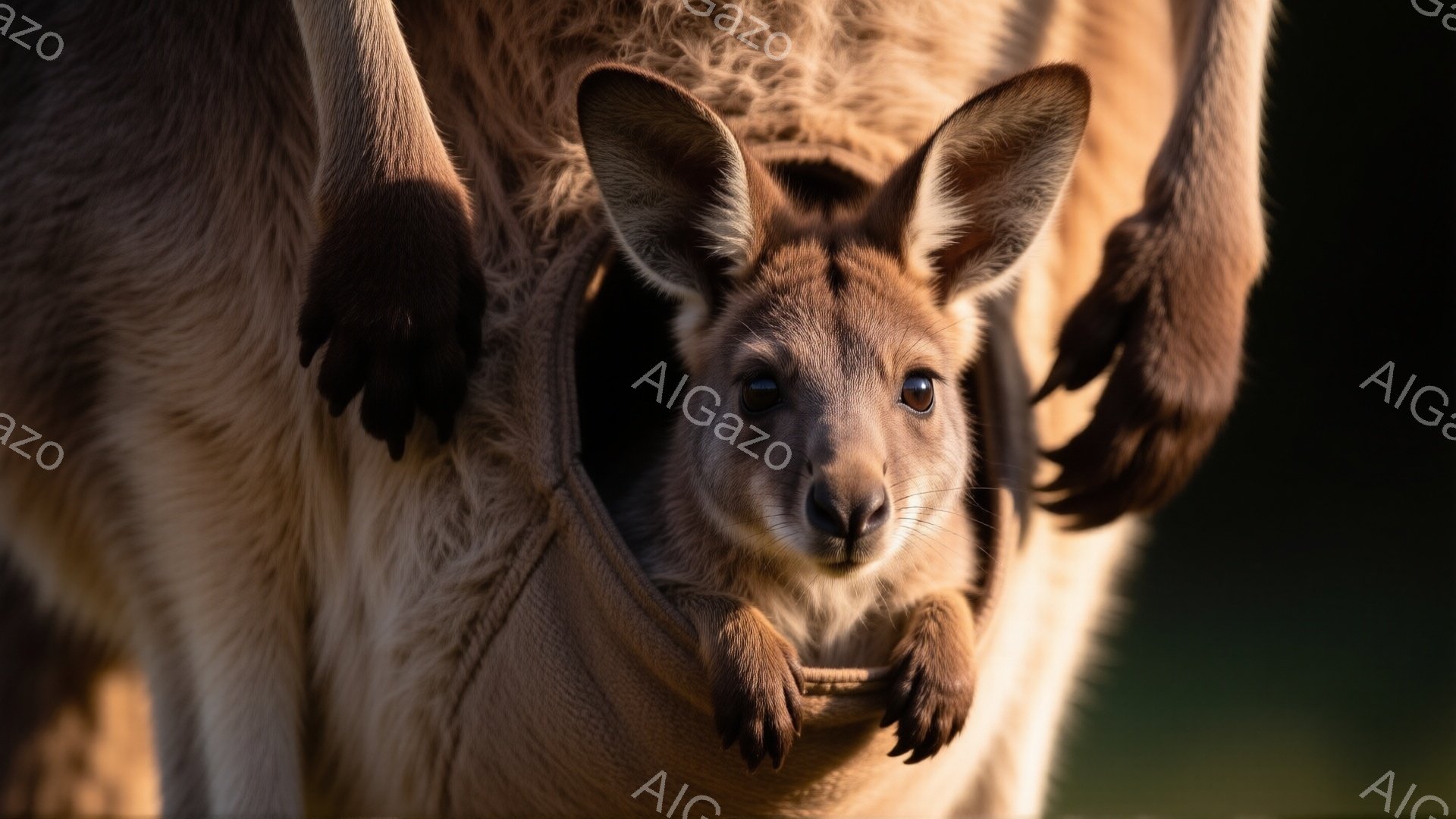 鮮やかな緑の背景を背景に、母親カンガルーのお腹の袋から小さなカンガルーの子供が顔を覗かせています。子供カンガルーは大きな目と可愛らしい表情で、好奇心と少しの不安を湛えた様子です。母親の毛皮は茶色で柔らかく、子供を優しく包み込んでいる様子が伝わります。