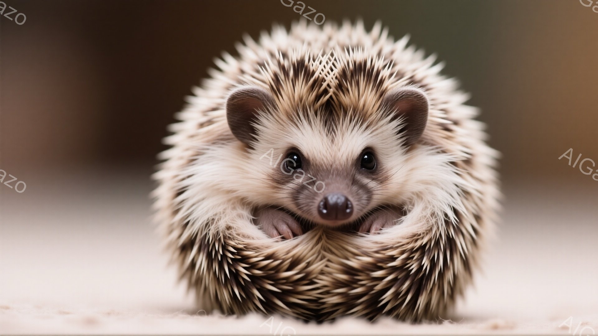 小さなハリネズミが正面を見据え、丸まって座っています。短い足は隠れて見えませんが、丸いシルエットとつぶらな瞳が可愛らしさを際立たせています。背景はぼかされており、クリーム色の表面の上にハリネズミが際立っています。