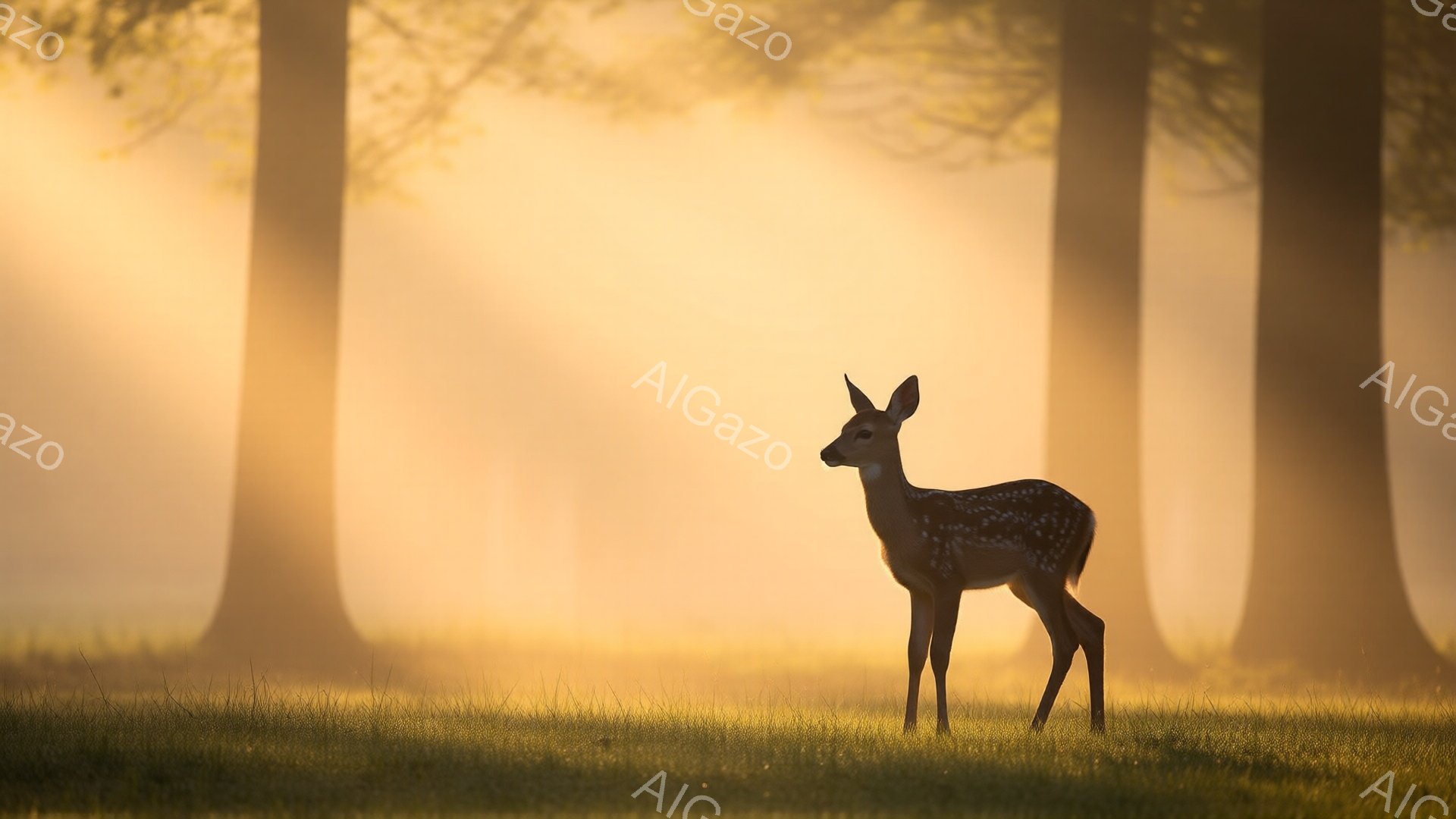 黄金色の朝日に照らされた草原に、幼いシカが立っている。シカは左を向き、警戒しながらも静かに周囲を見渡しており、その毛並みには朝露が光っている。背景には霧が立ち込め、木々のシルエットがぼんやりと見え、幻想的な雰囲気を醸し出している。