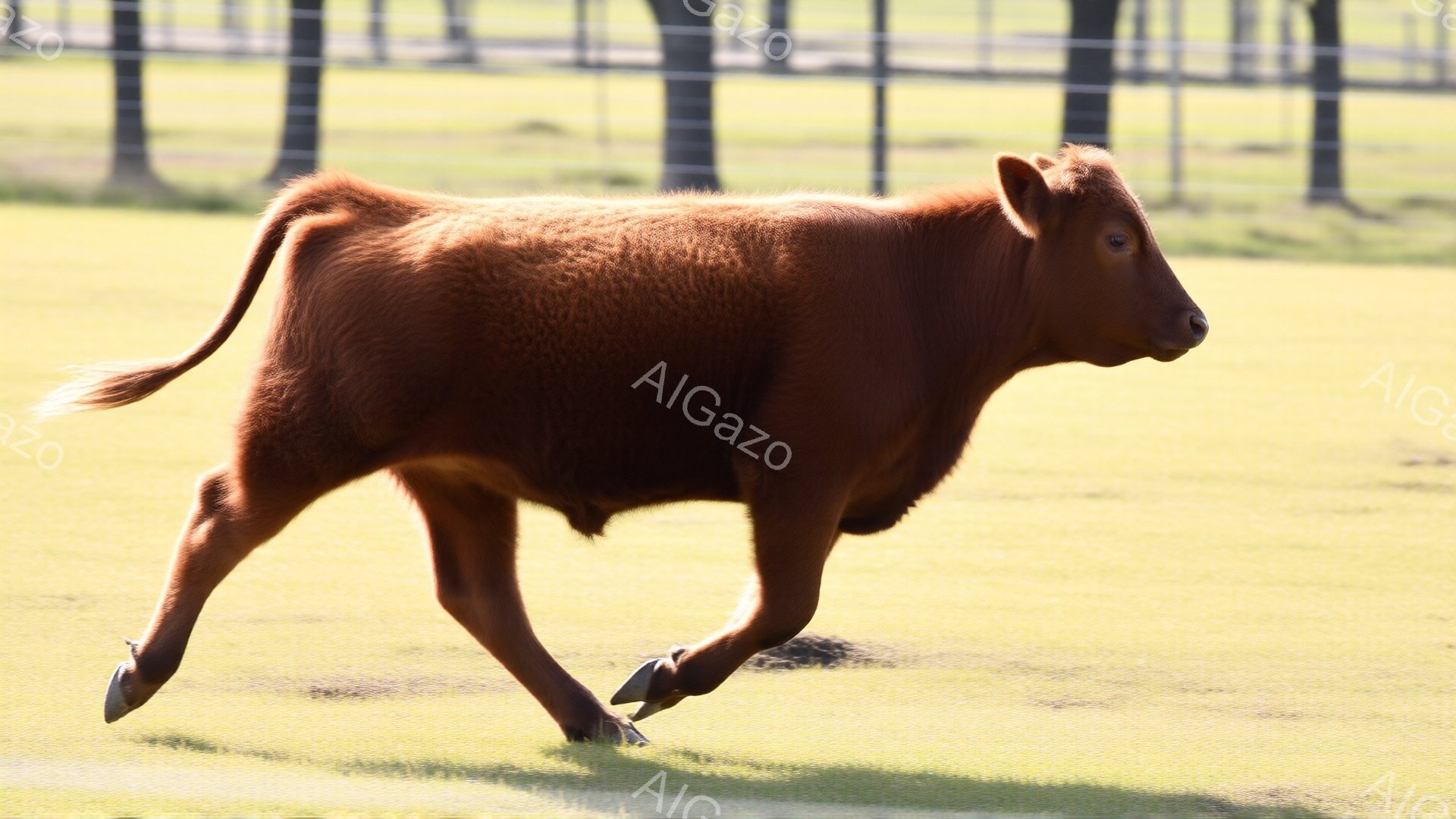 赤褐色の毛並みを持つ子牛が、緑豊かな草原を力強く走り抜けている。その姿は躍動感に満ち溢れ、幼さの中にも野生の力強さが感じられる。背景には、遠くに見える木々や柵があり、晴れた日の穏やかな自然の中で、子牛が自由に駆け回る様子が表現されている。