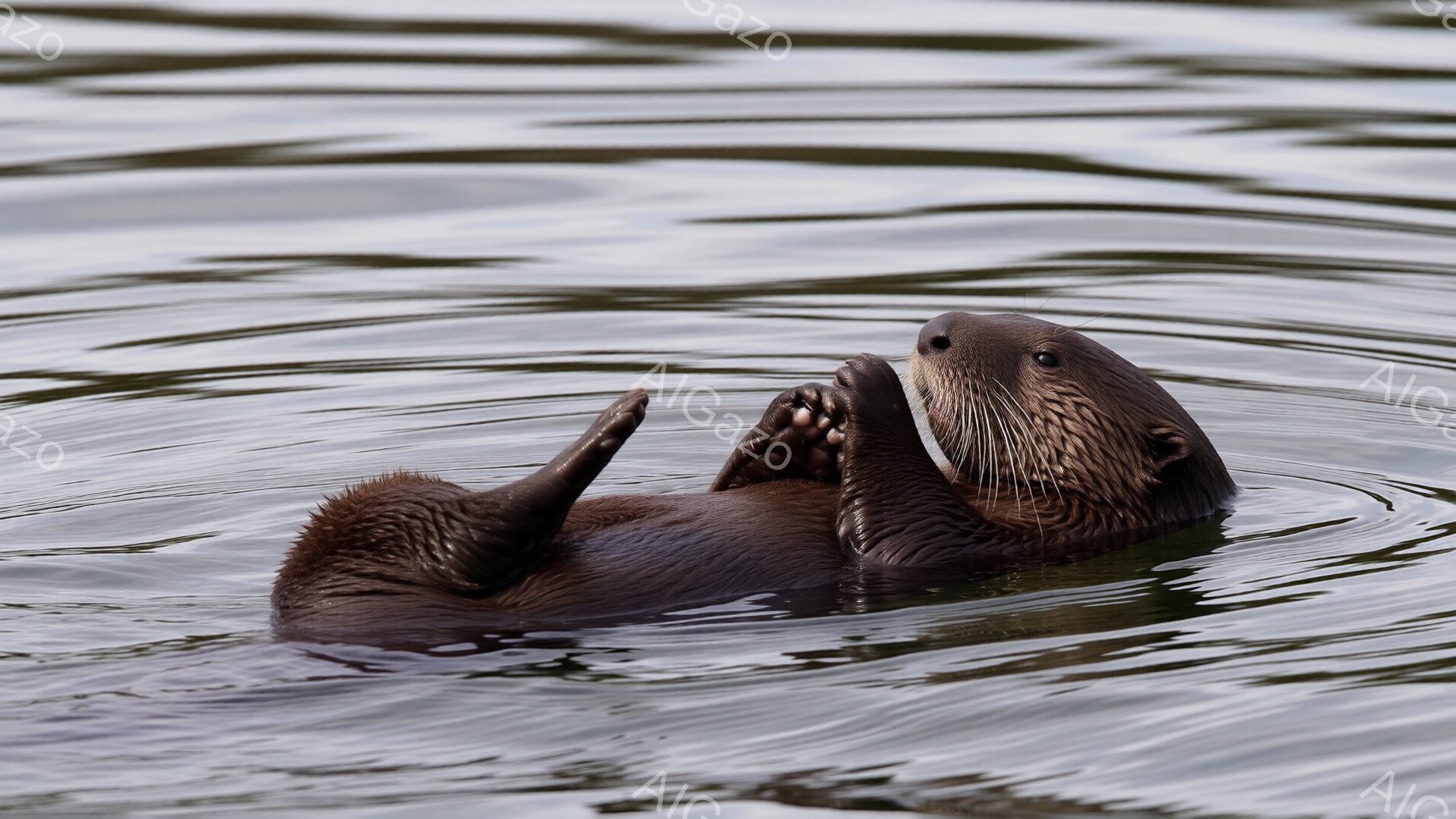滑らかな茶色のカワウソが水面に仰向けに浮かんでおり、両前足でお腹を抱えている様子が愛らしい。背景は水面の波紋が広がるのみで、周囲の環境は特定できない。カワウソの表情は穏やかで、リラックスした雰囲気が伝わってくる。