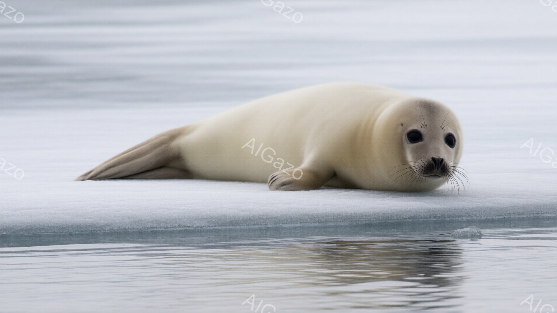 白いアザラシが氷の上に横たわっており、丸い目に穏やかな表情を浮かべている。背景は水面で、氷の反射がわずかに見え、全体的に静かで冷たい雰囲気が漂っている。アザラシの毛並みは滑らかで、冬の厳しい環境に合わせた生き物のたくましさが感じられる。
