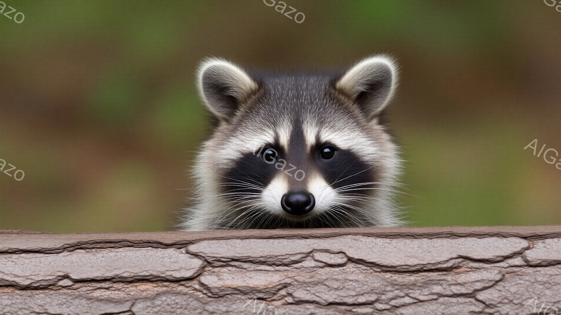 アライグマが茶色の木製の柵の上から顔を出しています。つぶらな瞳と白いヒゲが特徴的で、好奇心旺盛そうな表情をしています。背景は緑色の植物で、穏やかで自然な雰囲気が漂っています。