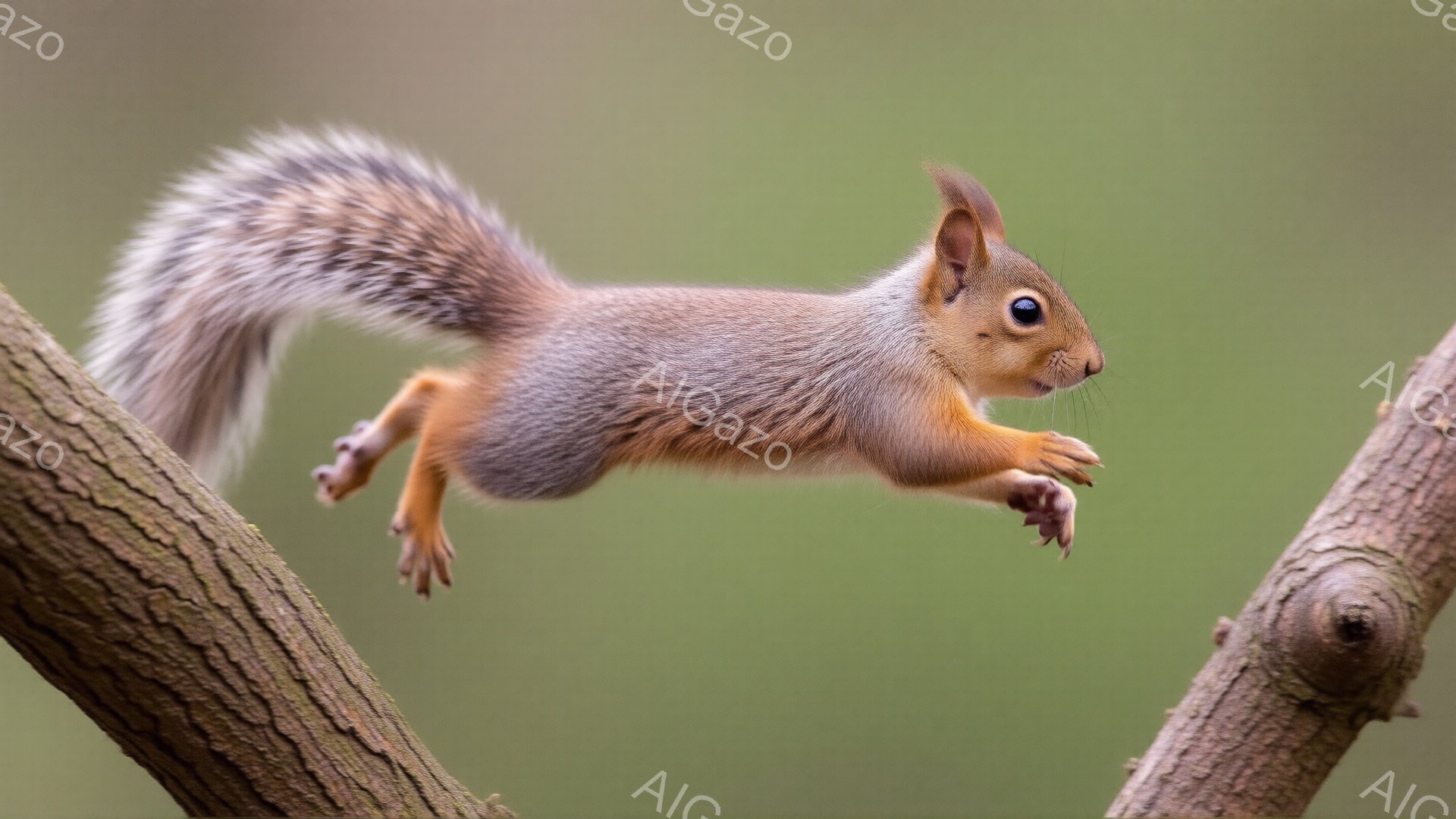 リスが木の枝の間を飛び越える瞬間を捉えた写真です。毛並みは赤茶色でふさふさとしており、長い尾が特徴的です。背景はぼやけた緑色で、自然の中でリスが活発に動き回る様子が伝わってきます。