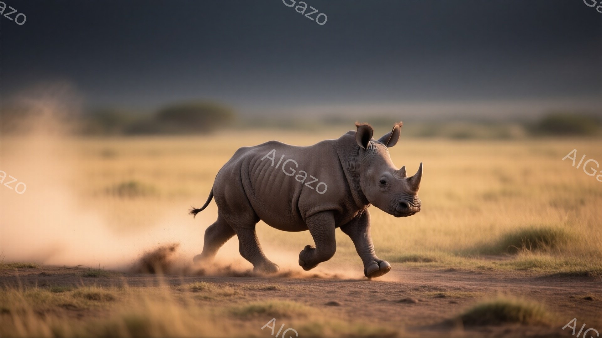 幼いアフリカゾウが土埃を巻き上げながら草原を疾走している。その姿は躍動感に満ちており、生命力に溢れている。背景には乾燥した黄色の草原が広がり、朝または夕方の柔らかな光が、温かく穏やかな雰囲気を醸し出している。