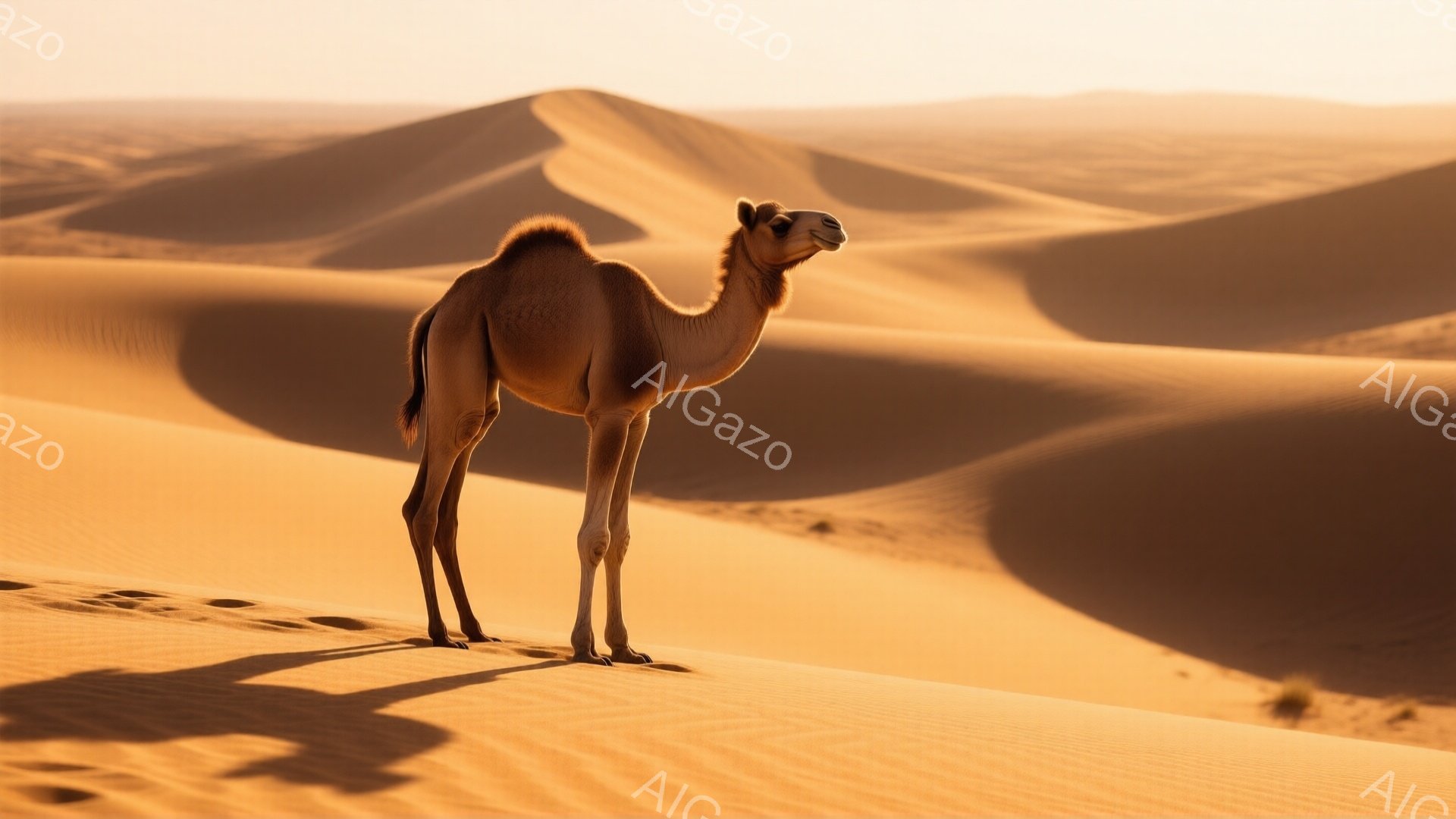 広大な砂漠の中に一頭のラクダが佇んでいます。ラクダは穏やかな表情で、遠くを見つめており、そのシルエットが砂丘の曲線と調和しています。背景は起伏のある砂丘が広がり、夕暮れ時の柔らかな光が砂漠全体を温かく包み込んでいます。